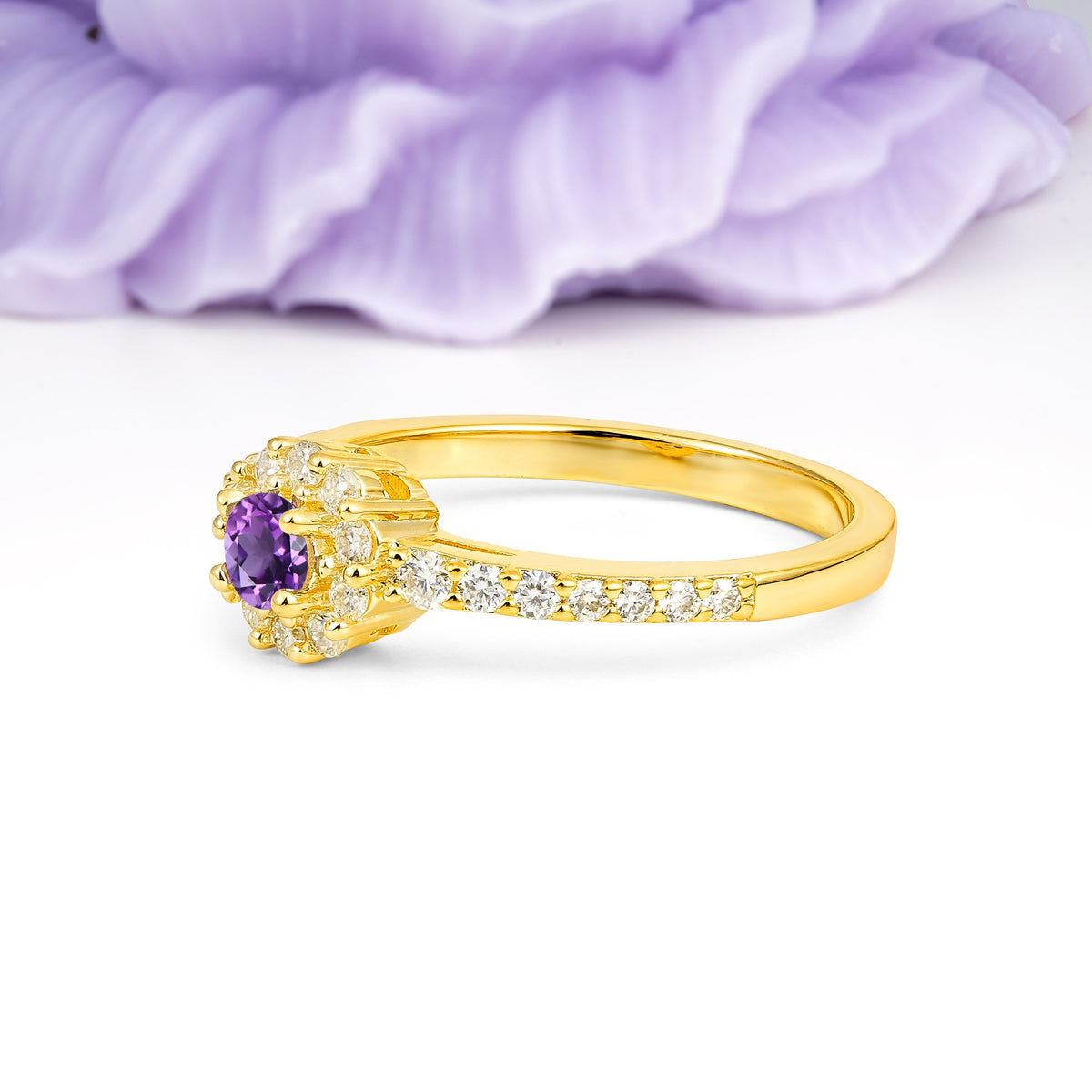 Exquisite Luxury Pavé Set 4 Prong Round Cut Amethyst Wedding Ring - Additional view