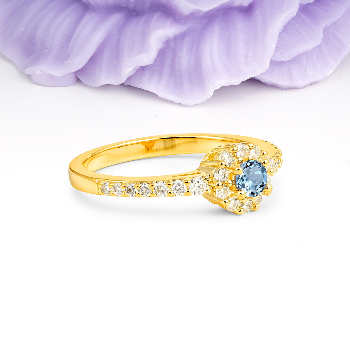 Exquisite Luxury Pavé Set 4 Prong Round Cut Aquamarine Wedding Ring - Additional view