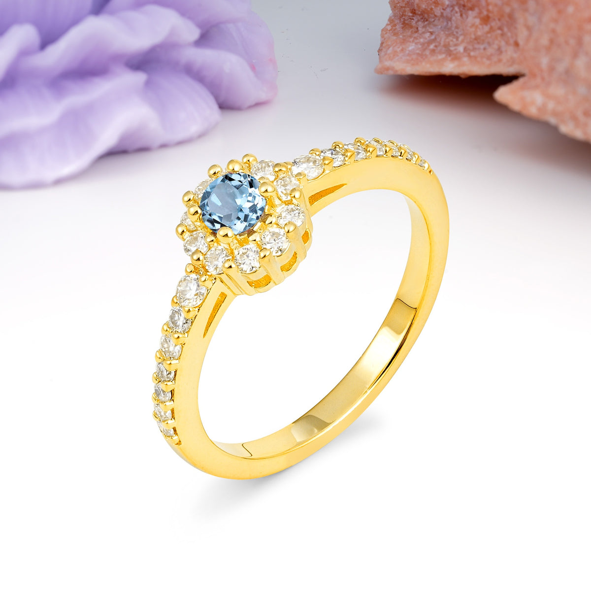 Exquisite Luxury Pavé Set 4 Prong Round Cut Aquamarine Wedding Ring - Additional view