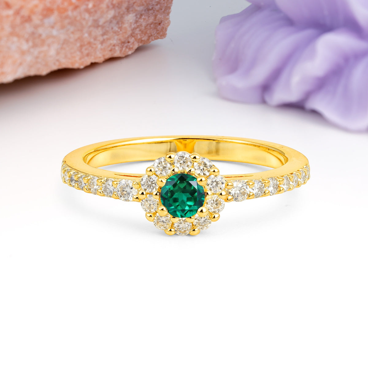Exquisite Luxury Pavé Set 4 Prong Round Cut Emerald Wedding Ring - Additional view