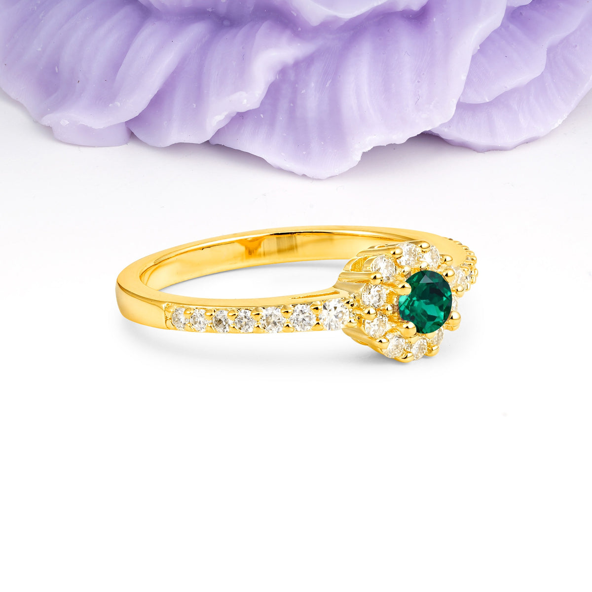 Exquisite Luxury Pavé Set 4 Prong Round Cut Emerald Wedding Ring - Additional view