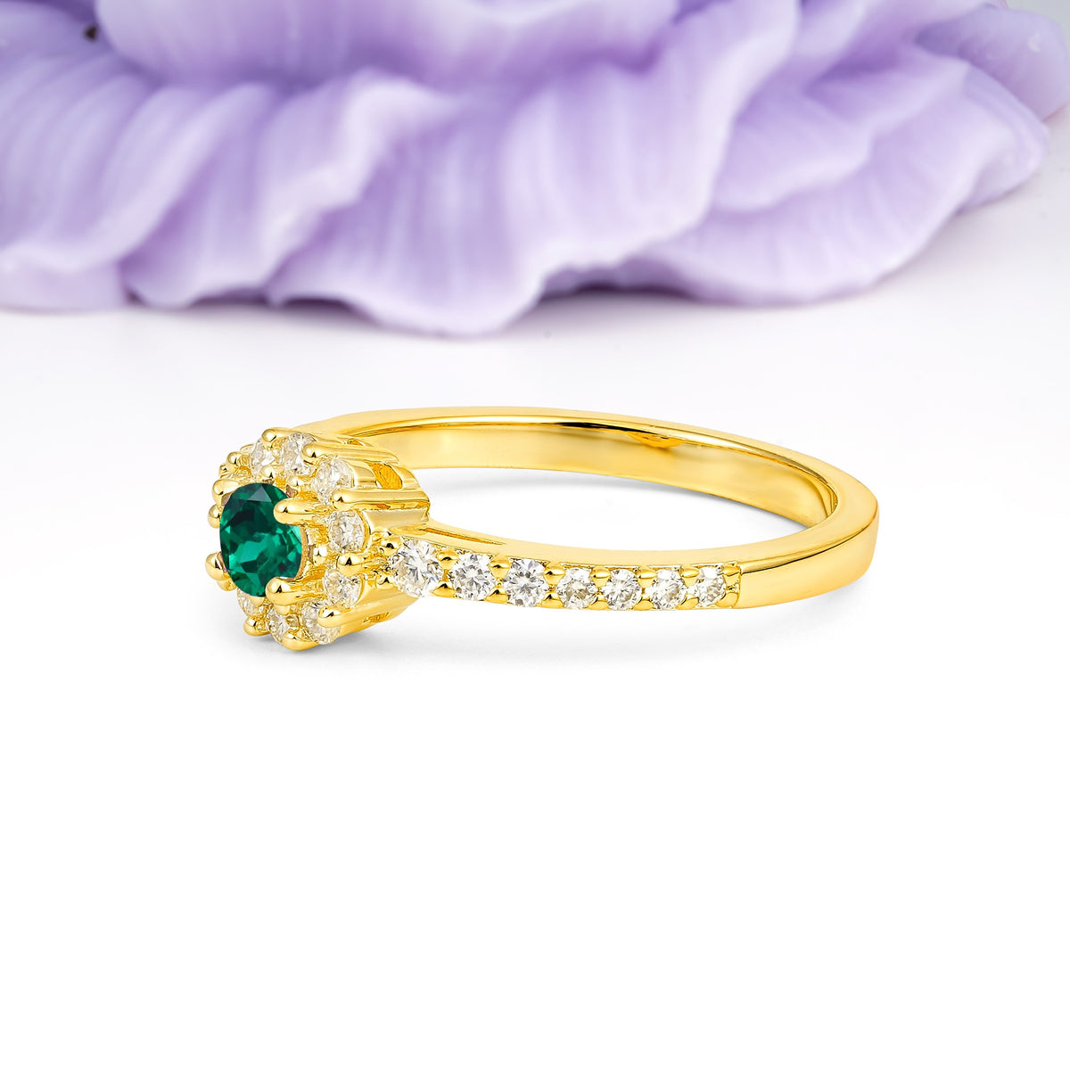 Exquisite Luxury Pavé Set 4 Prong Round Cut Emerald Wedding Ring - Additional view