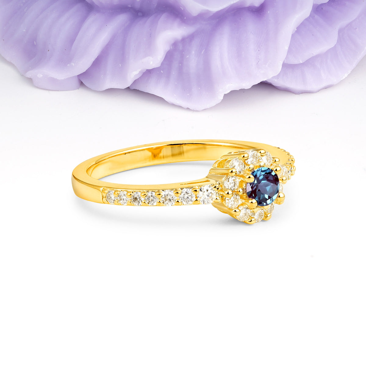 Exquisite Luxury Pavé Set 4 Prong Round Cut Alexandrite Wedding Ring - Additional view