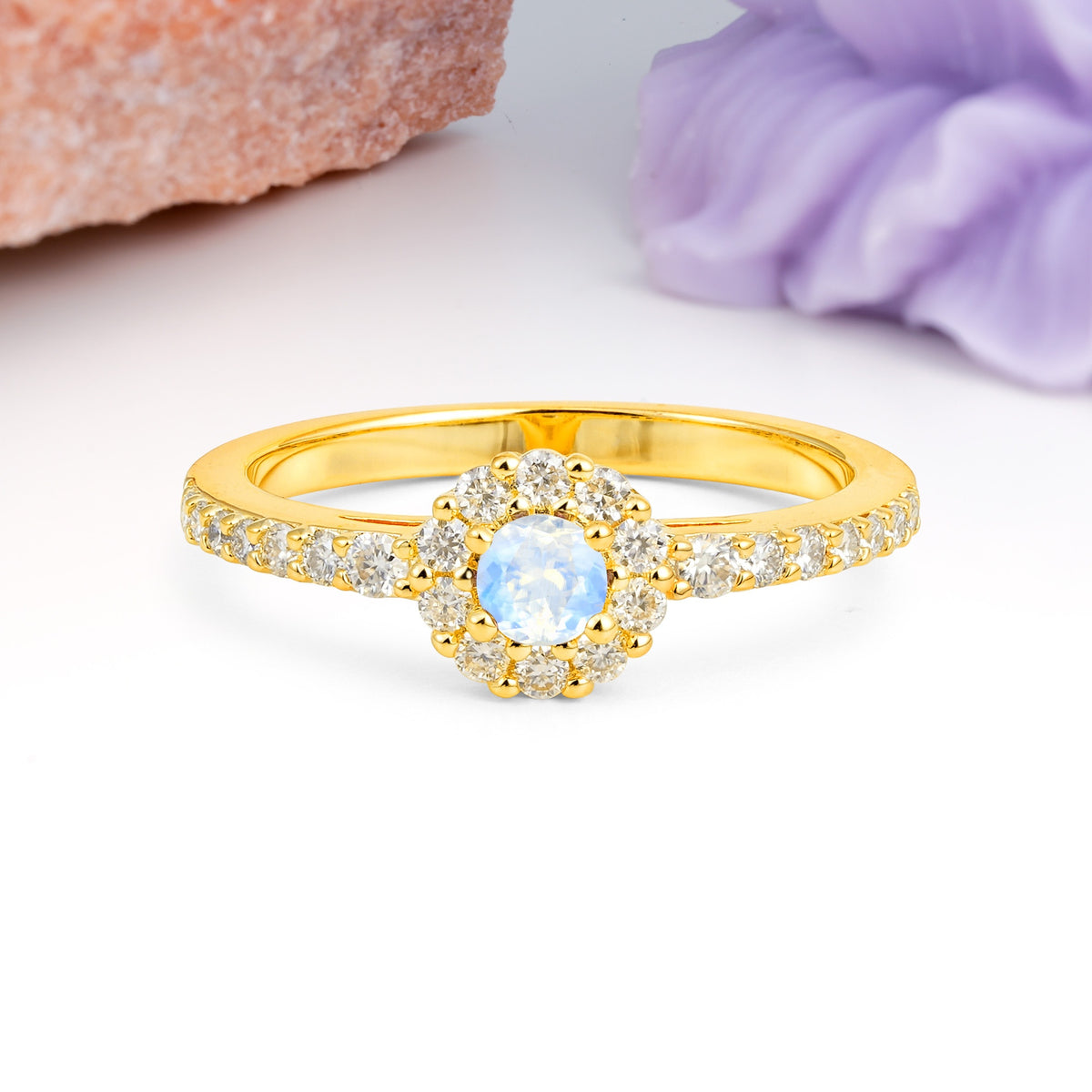 Exquisite Luxury Pavé Set 4 Prong Round Cut Moonstone Wedding Ring - Additional view