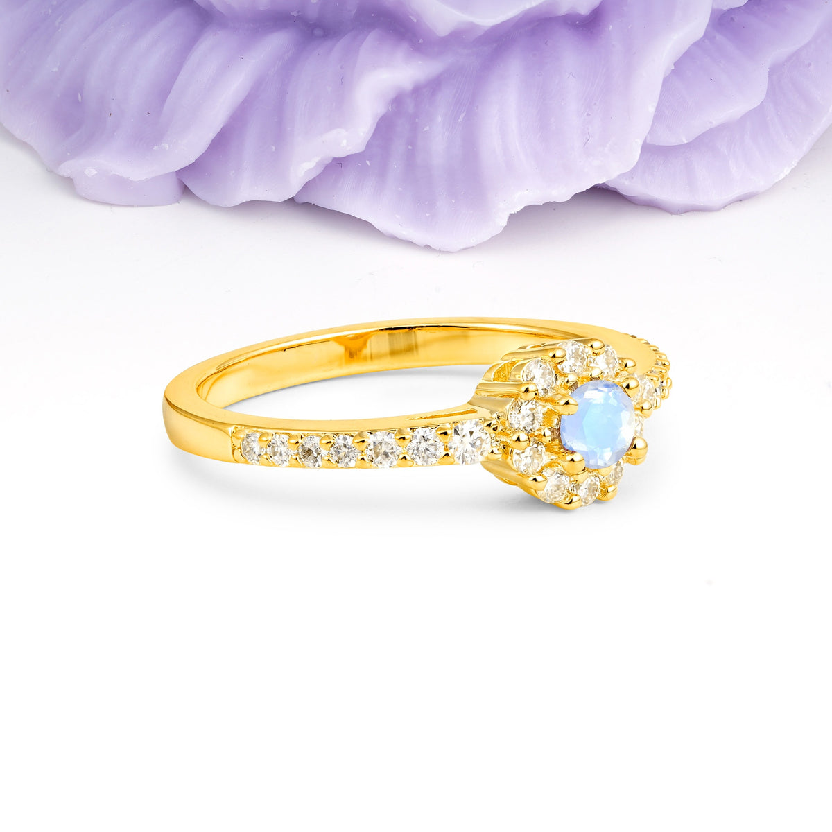 Exquisite Luxury Pavé Set 4 Prong Round Cut Moonstone Wedding Ring - Additional view
