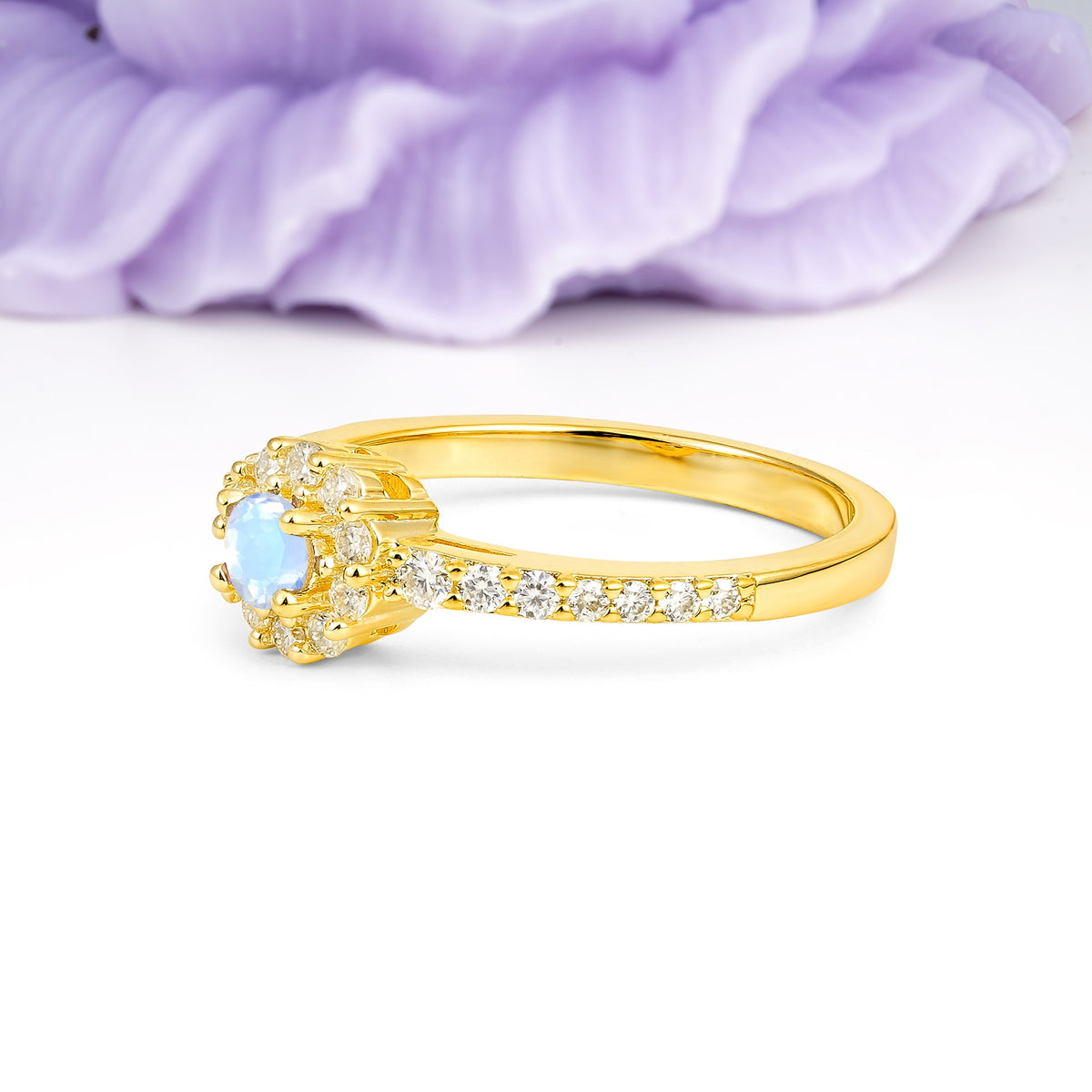 Exquisite Luxury Pavé Set 4 Prong Round Cut Moonstone Wedding Ring - Additional view