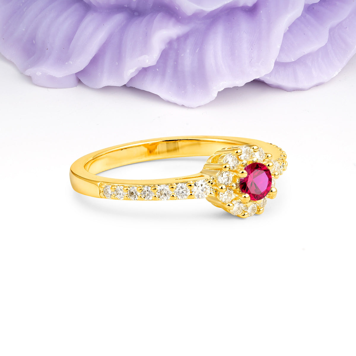 Exquisite Luxury Pavé Set 4 Prong Round Cut Ruby Wedding Ring - Additional view