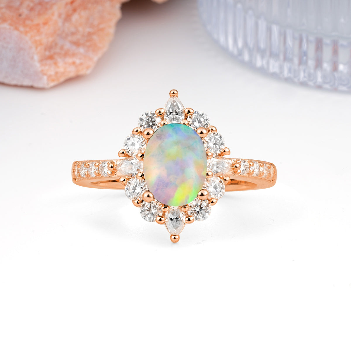 Classic Pavé-Set, Luxurious 4-Prong Oval Cut Fire Opal Engagement Ring - Additional view