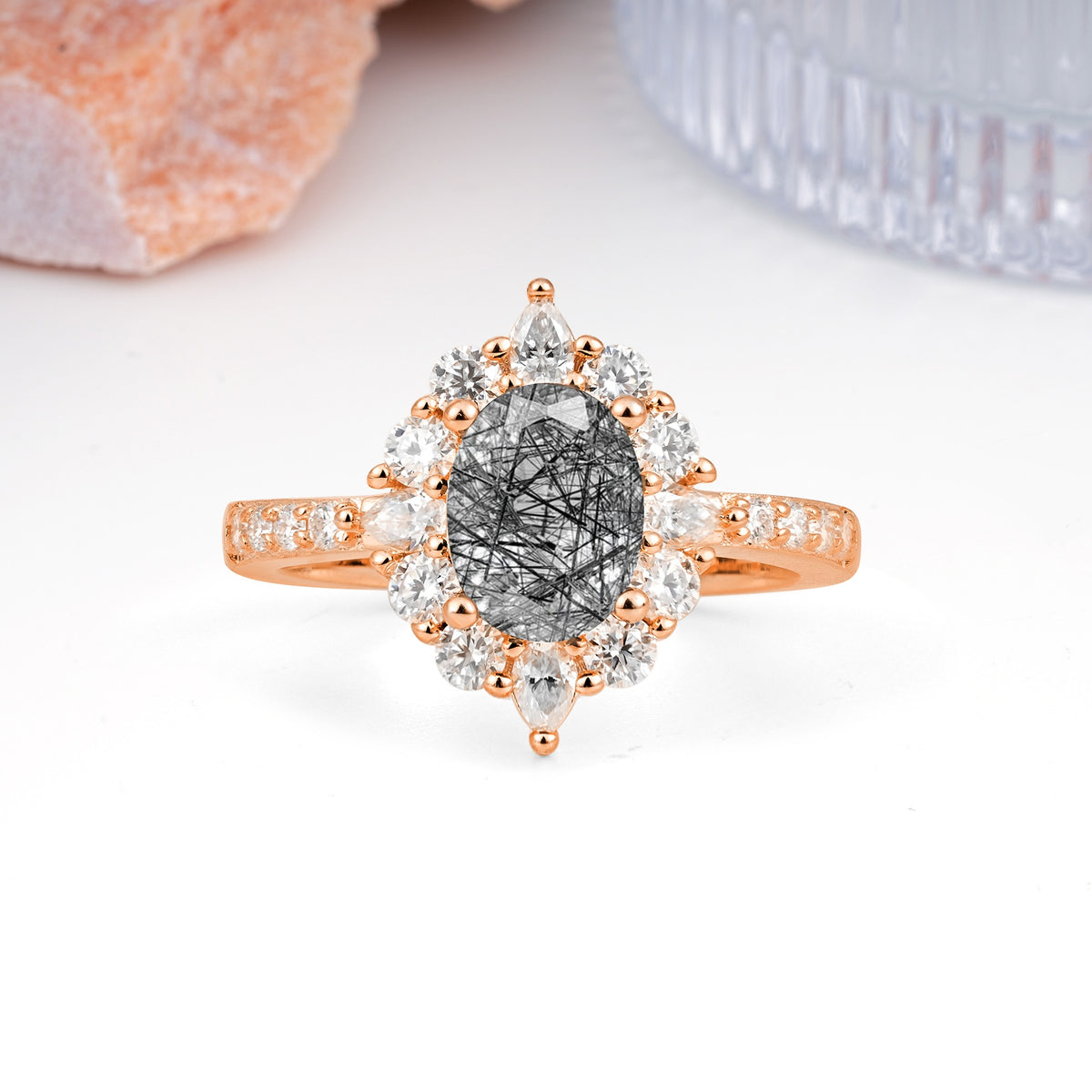 Classic Pavé-Set, Luxurious 4-Prong Oval Cut Black Rutilated Quartz Engagement Ring - Additional view