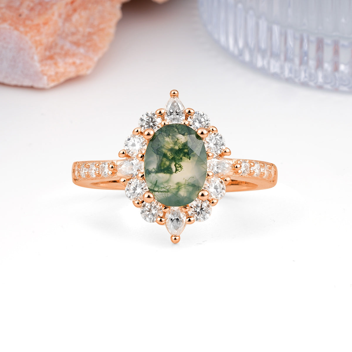 Classic Pavé-Set, Luxurious 4-Prong Oval Cut Moss Agate Engagement Ring - Additional view