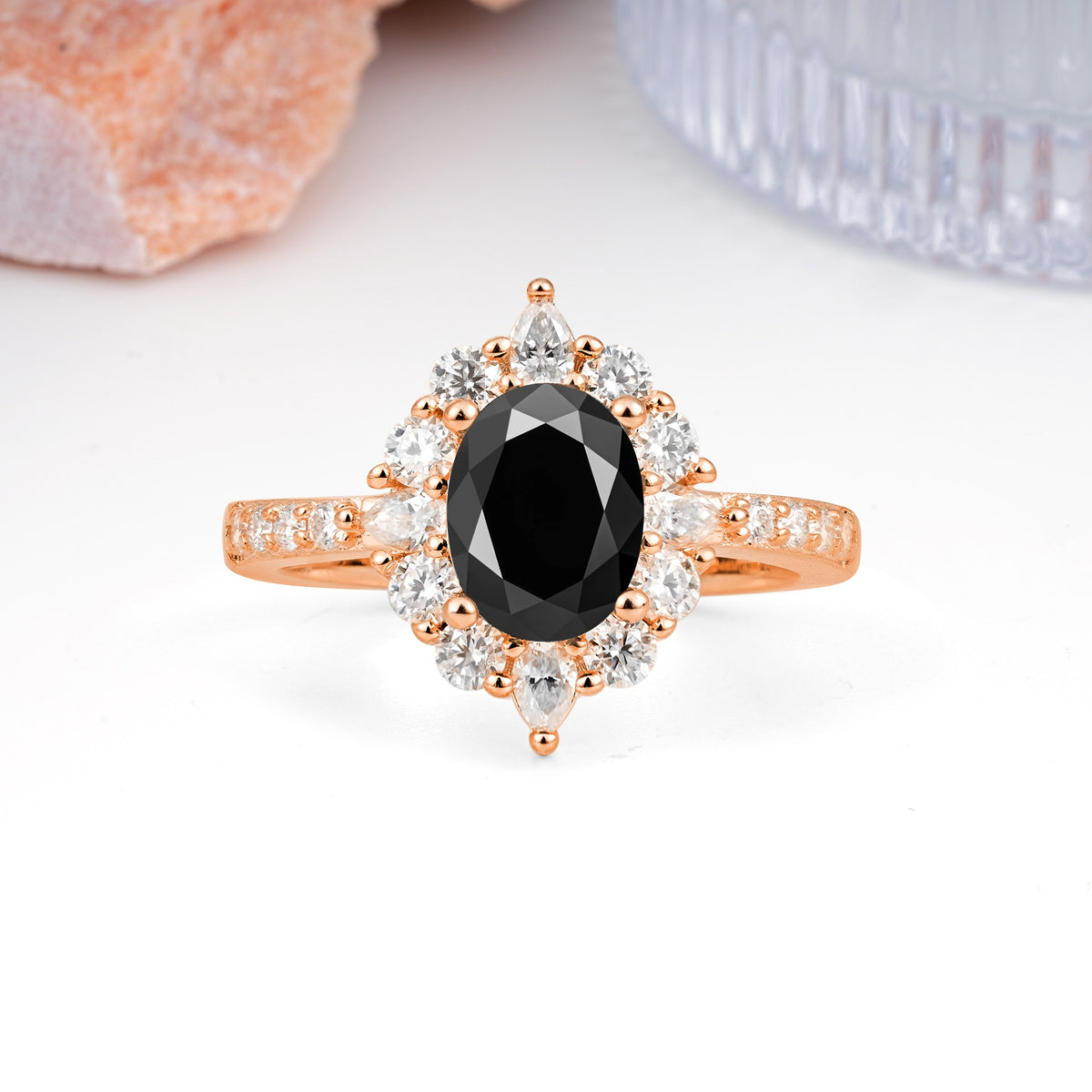 Classic Pavé-Set, Luxurious 4-Prong Oval Cut Black Onyx Engagement Ring - Additional view