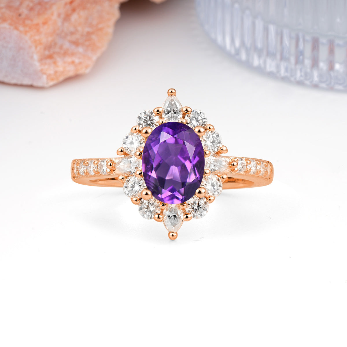 Classic Pavé-Set, Luxurious 4-Prong Oval Cut Amethyst Engagement Ring - Additional view