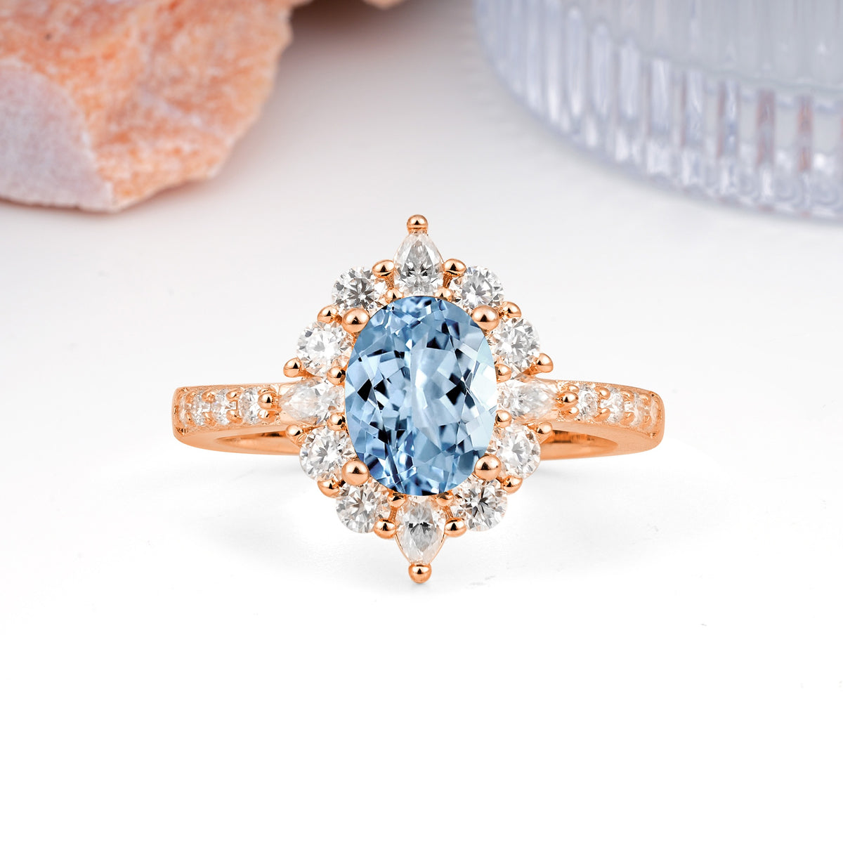 Classic Pavé-Set, Luxurious 4-Prong Oval Cut Aquamarine Engagement Ring - Additional view