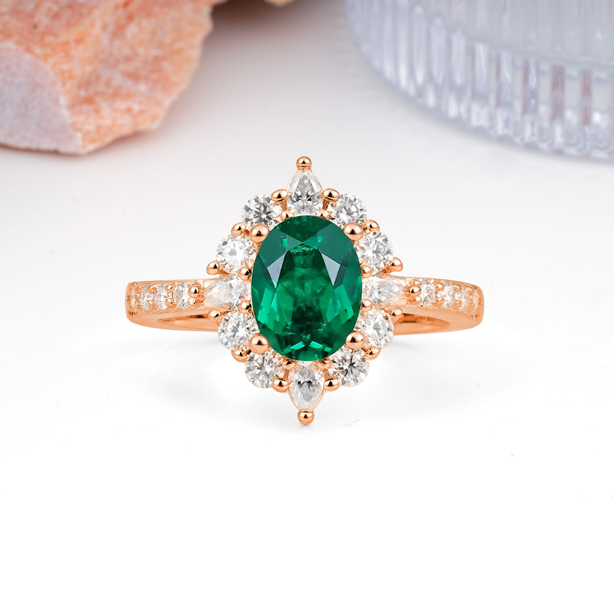 Classic Pavé-Set, Luxurious 4-Prong Oval Cut Emerald Engagement Ring - Additional view