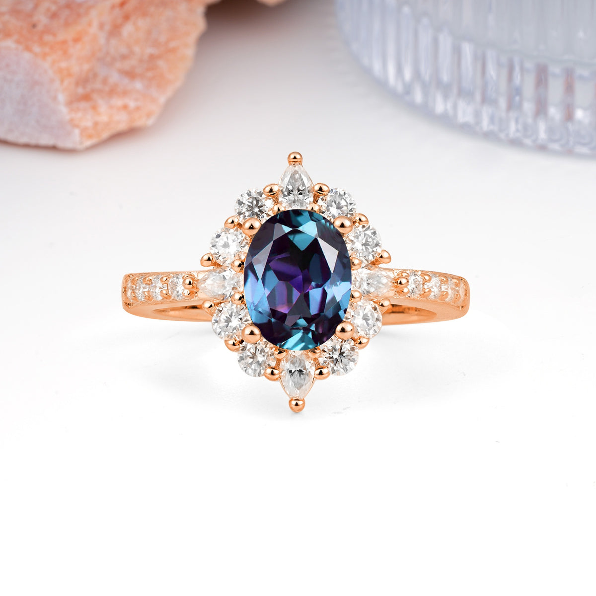 Classic Pavé-Set, Luxurious 4-Prong Oval Cut Alexandrite Engagement Ring - Additional view