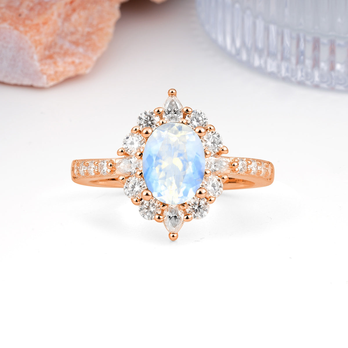 Classic Pavé-Set, Luxurious 4-Prong Oval Cut Moonstone Engagement Ring - Additional view