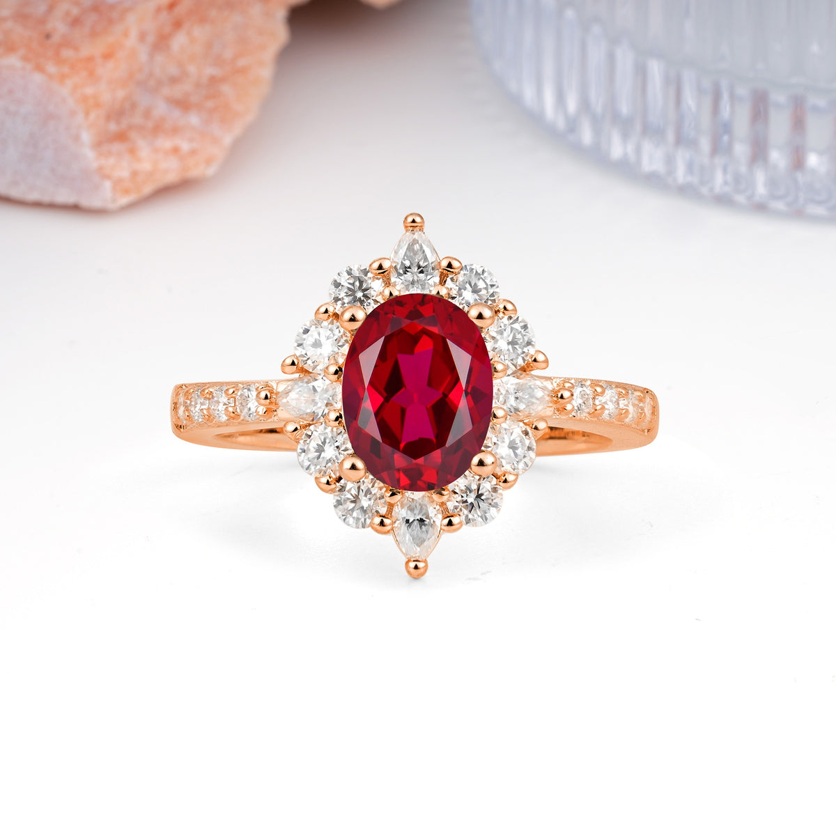 Classic Pavé-Set, Luxurious 4-Prong Oval Cut Ruby Engagement Ring - Additional view