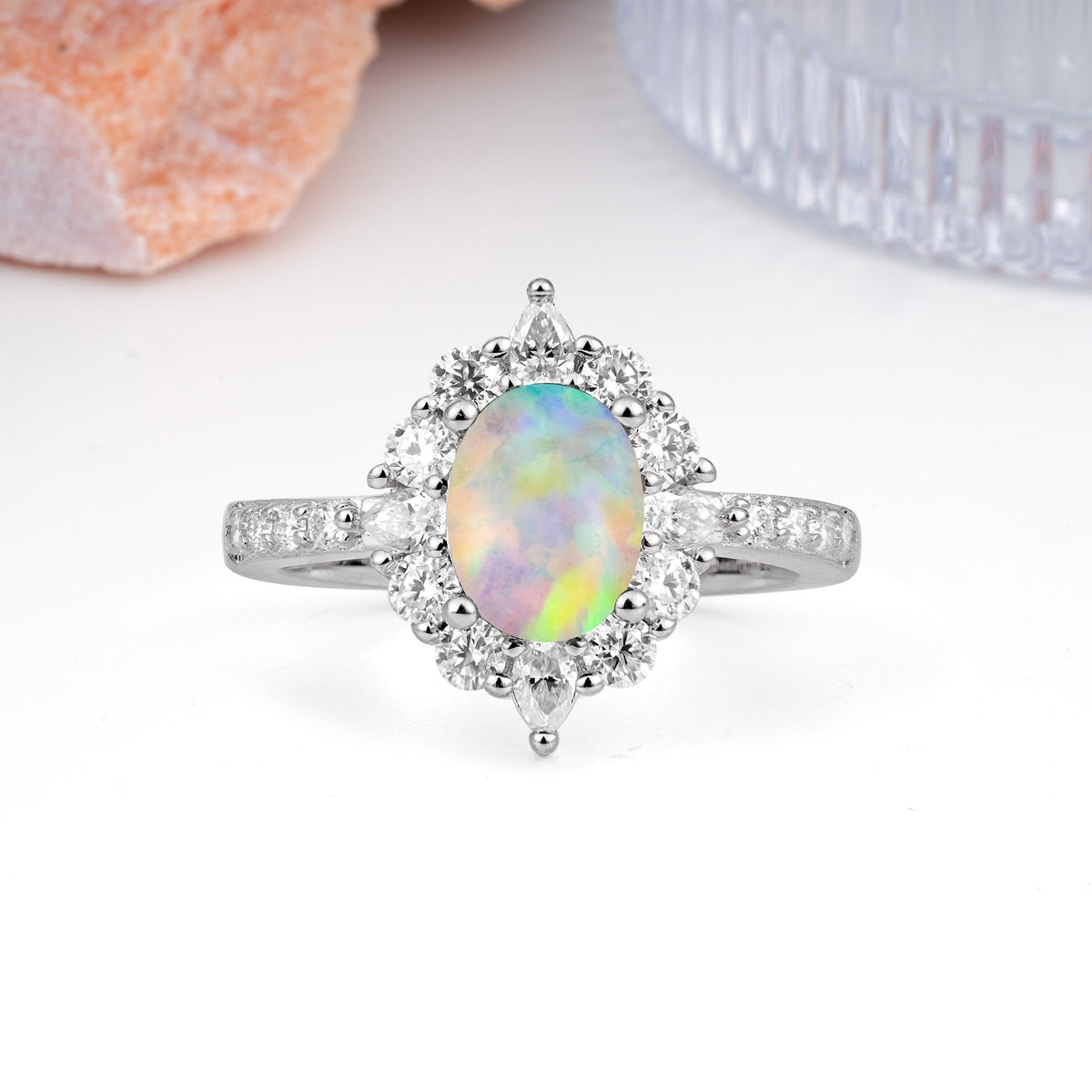 Classic Pavé-Set, Luxurious 4-Prong Oval Cut Fire Opal Engagement Ring - Additional view