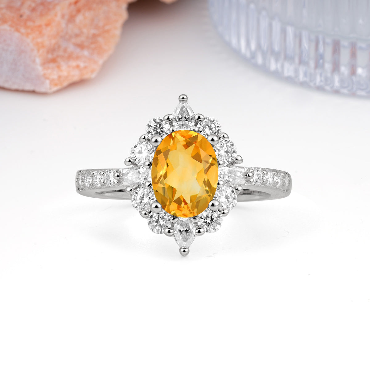 Classic Pavé-Set, Luxurious 4-Prong Oval Cut Citrine Engagement Ring - Additional view