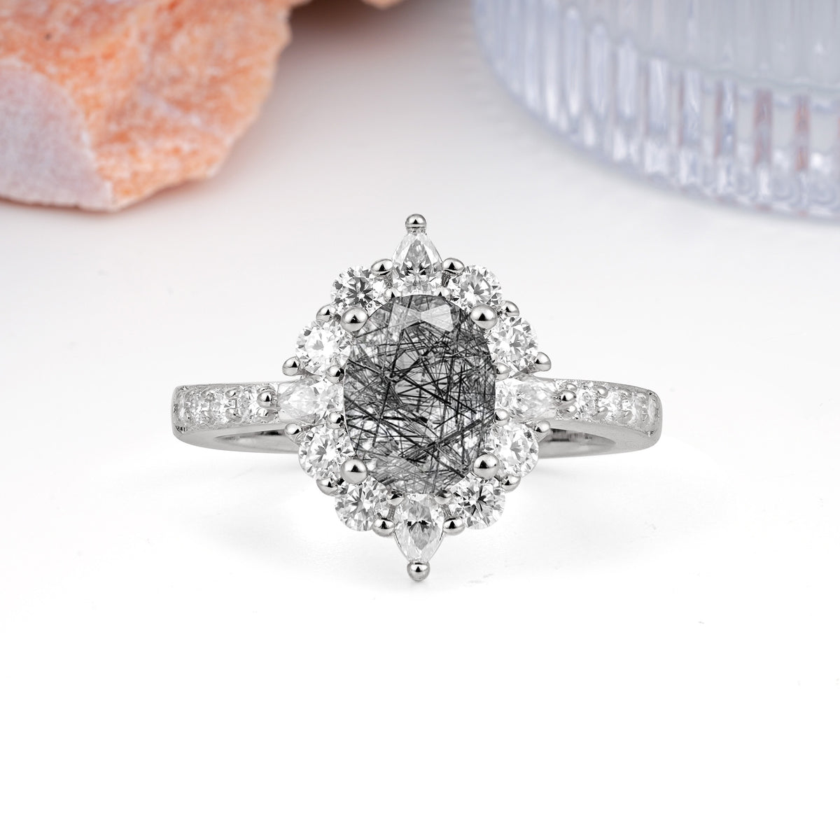 Classic Pavé-Set, Luxurious 4-Prong Oval Cut Black Rutilated Quartz Engagement Ring - Additional view