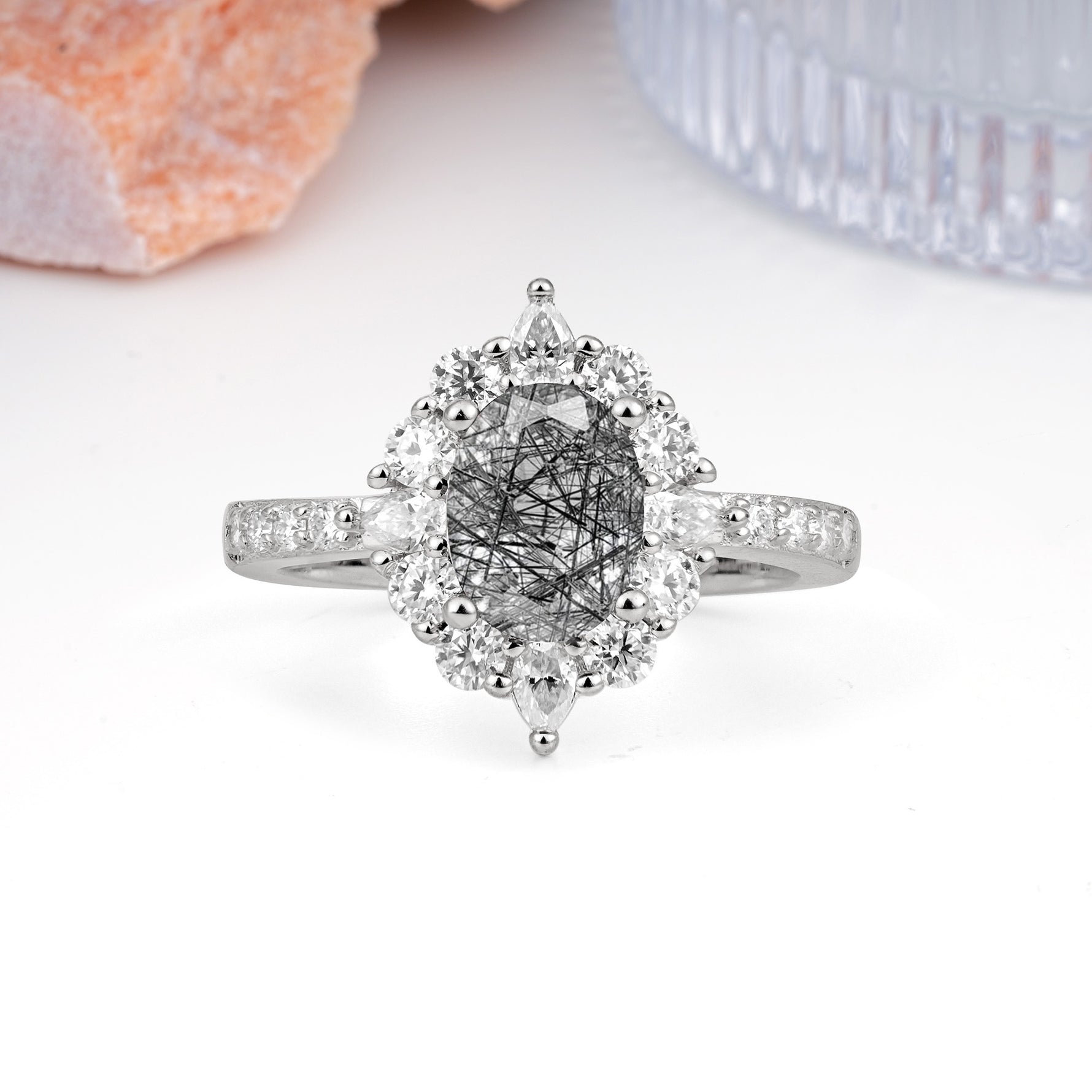 Classic Pavé-Set, Luxurious 4-Prong Oval Cut Black Rutilated Quartz Engagement Ring - Additional view