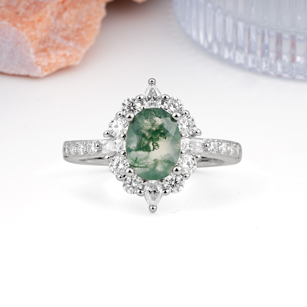 Classic Pavé-Set, Luxurious 4-Prong Oval Cut Moss Agate Engagement Ring - Additional view