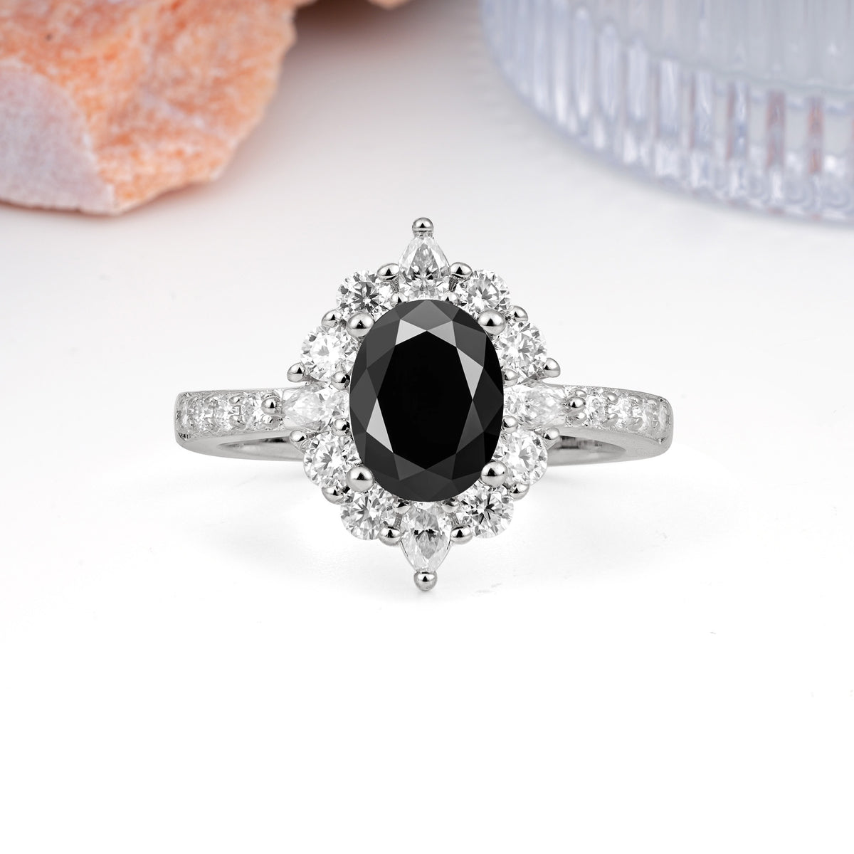 Classic Pavé-Set, Luxurious 4-Prong Oval Cut Black Onyx Engagement Ring - Additional view