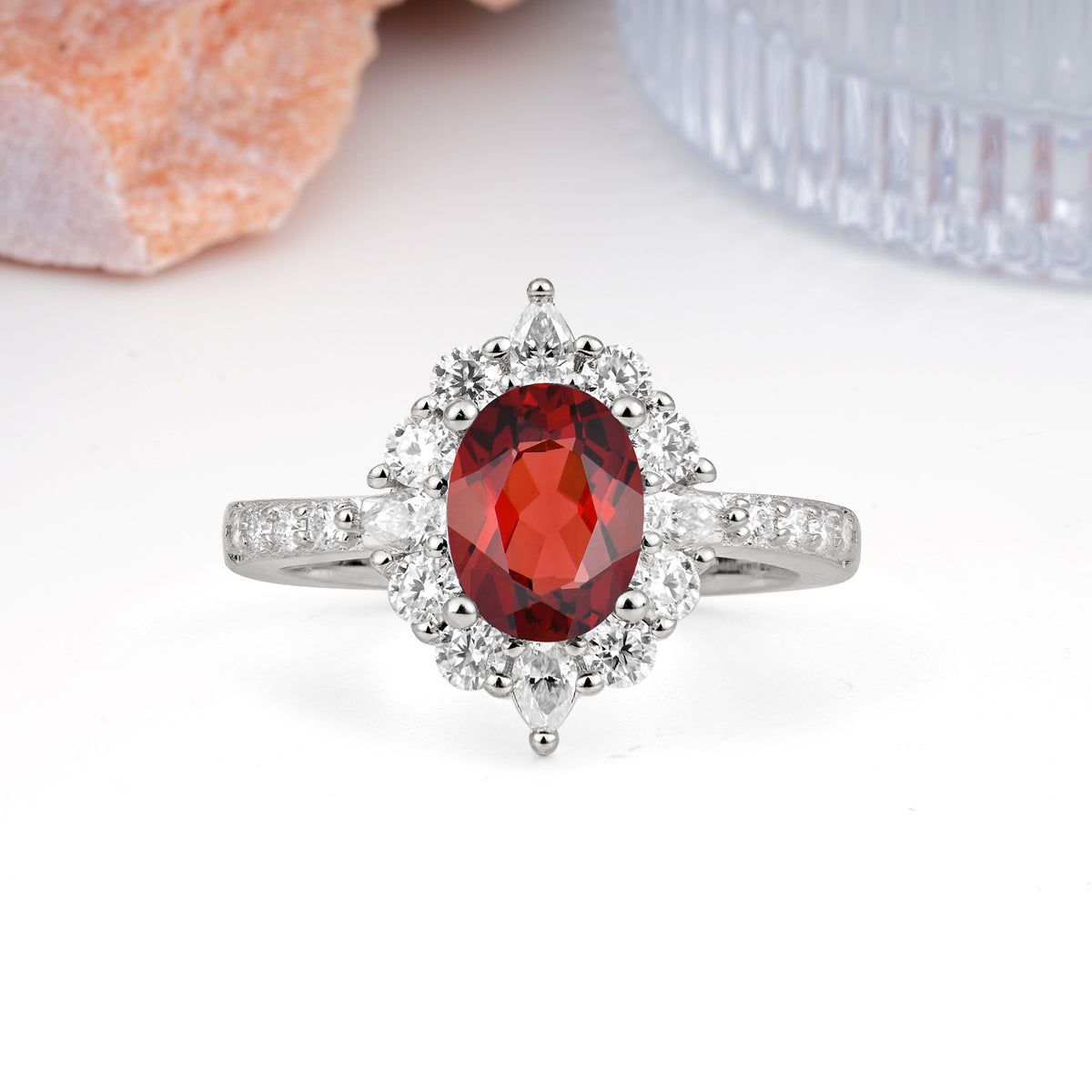 Classic Pavé-Set, Luxurious 4-Prong Oval Cut Garnet Engagement Ring - Additional view