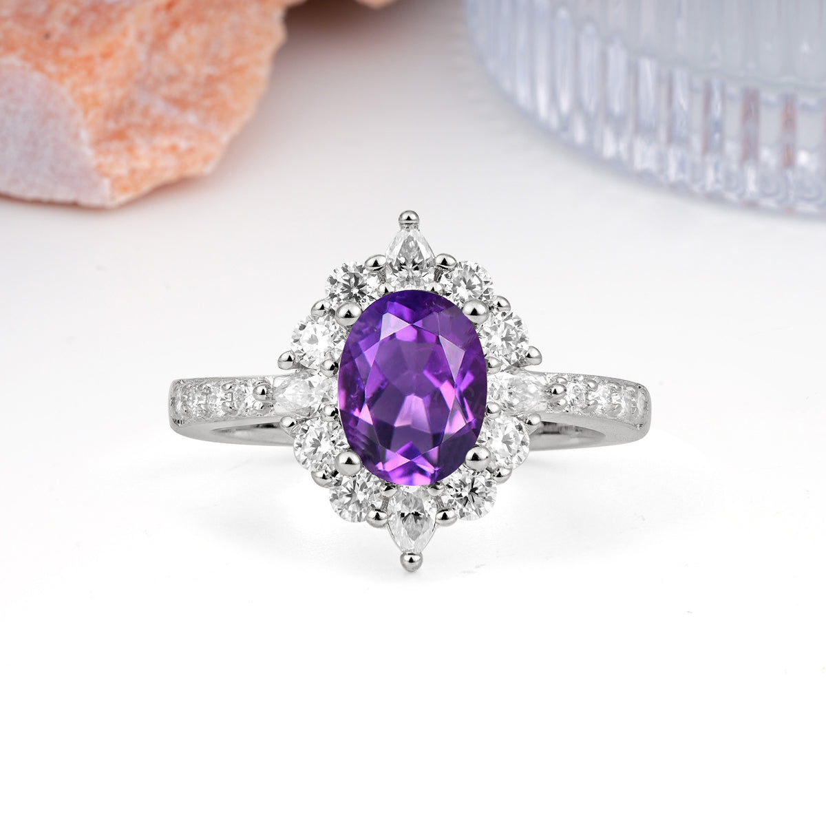 Classic Pavé-Set, Luxurious 4-Prong Oval Cut Amethyst Engagement Ring - Additional view