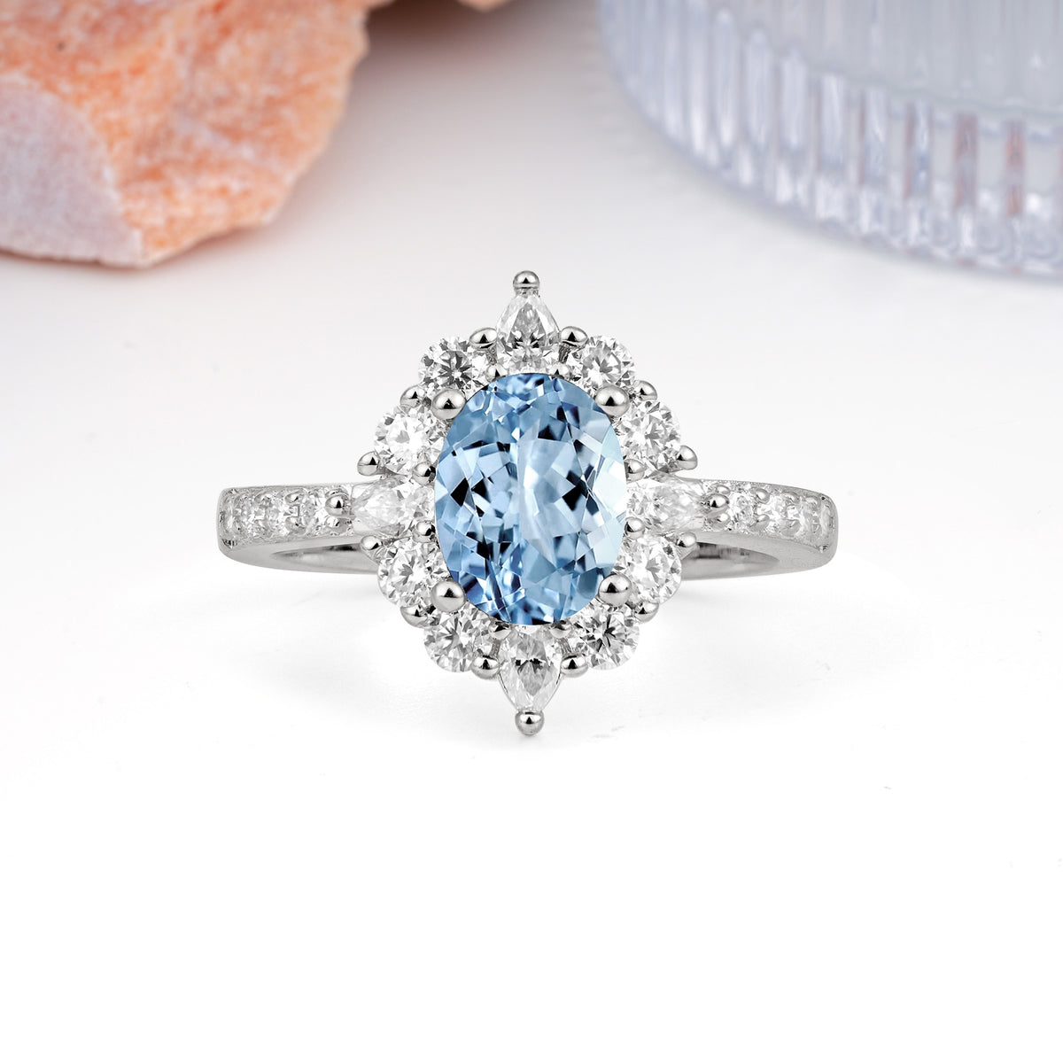 Classic Pavé-Set, Luxurious 4-Prong Oval Cut Aquamarine Engagement Ring - Additional view