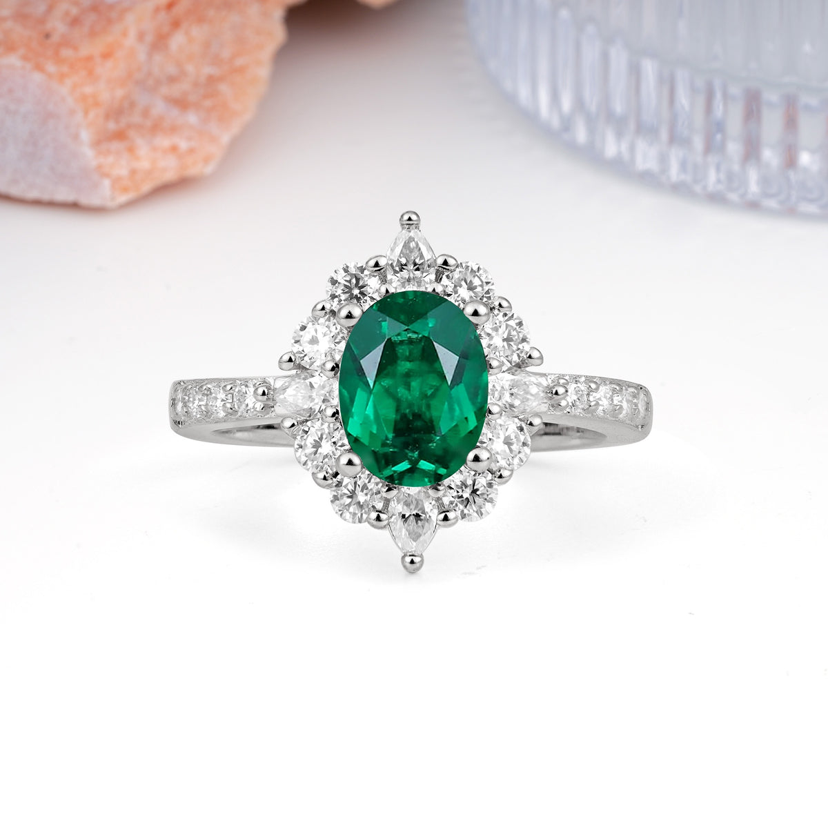 Classic Pavé-Set, Luxurious 4-Prong Oval Cut Emerald Engagement Ring - Additional view