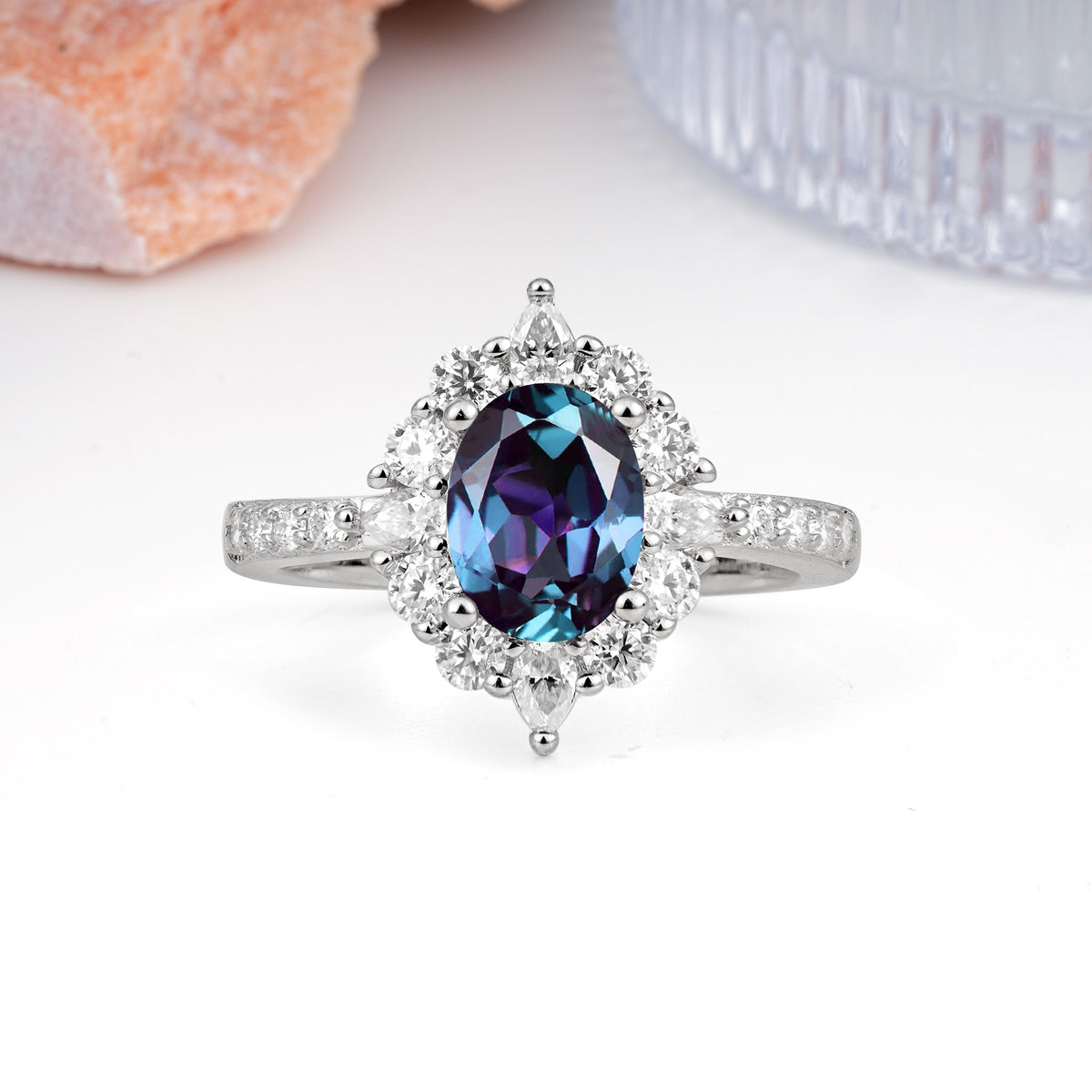 Classic Pavé-Set, Luxurious 4-Prong Oval Cut Alexandrite Engagement Ring - Additional view