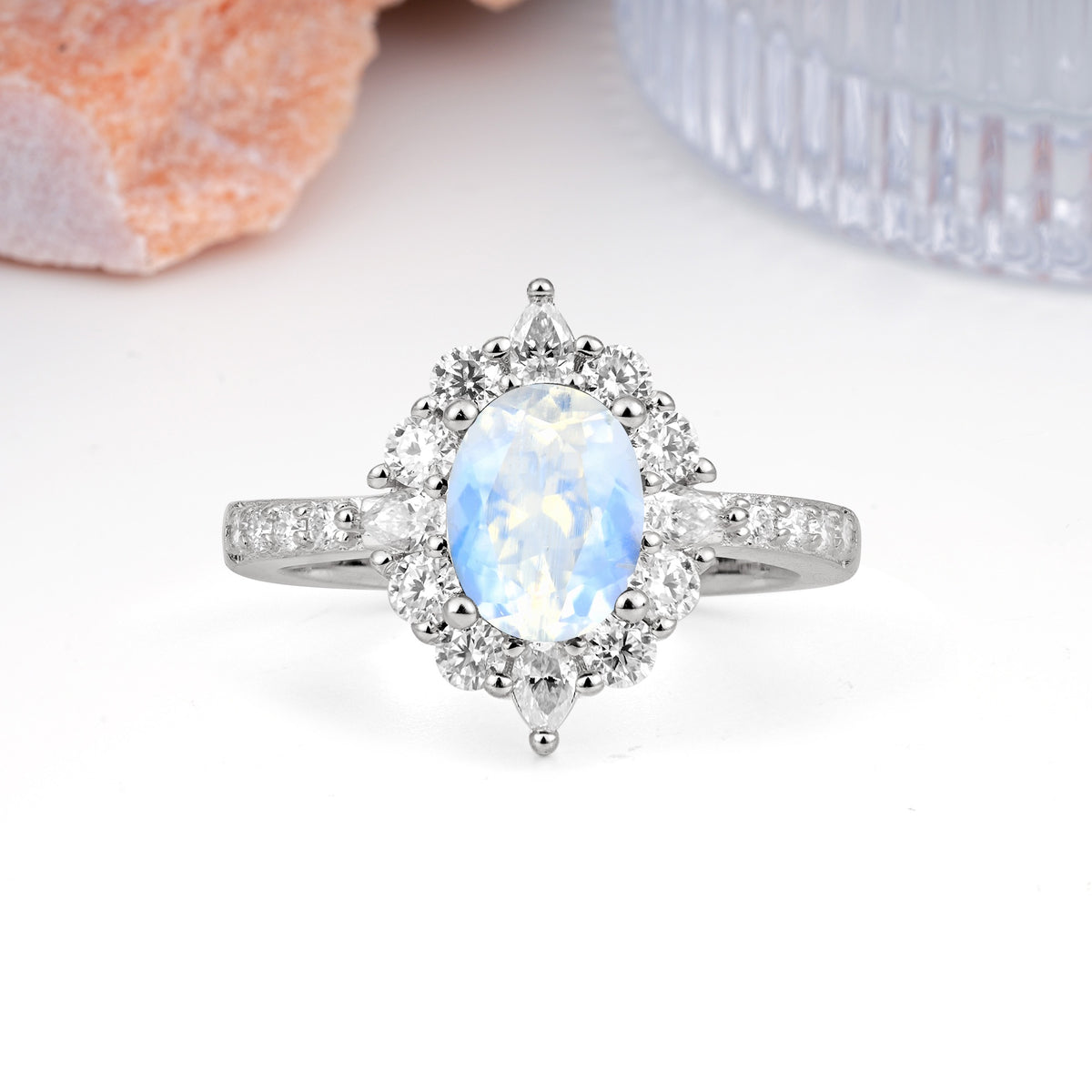Classic Pavé-Set, Luxurious 4-Prong Oval Cut Moonstone Engagement Ring - Additional view