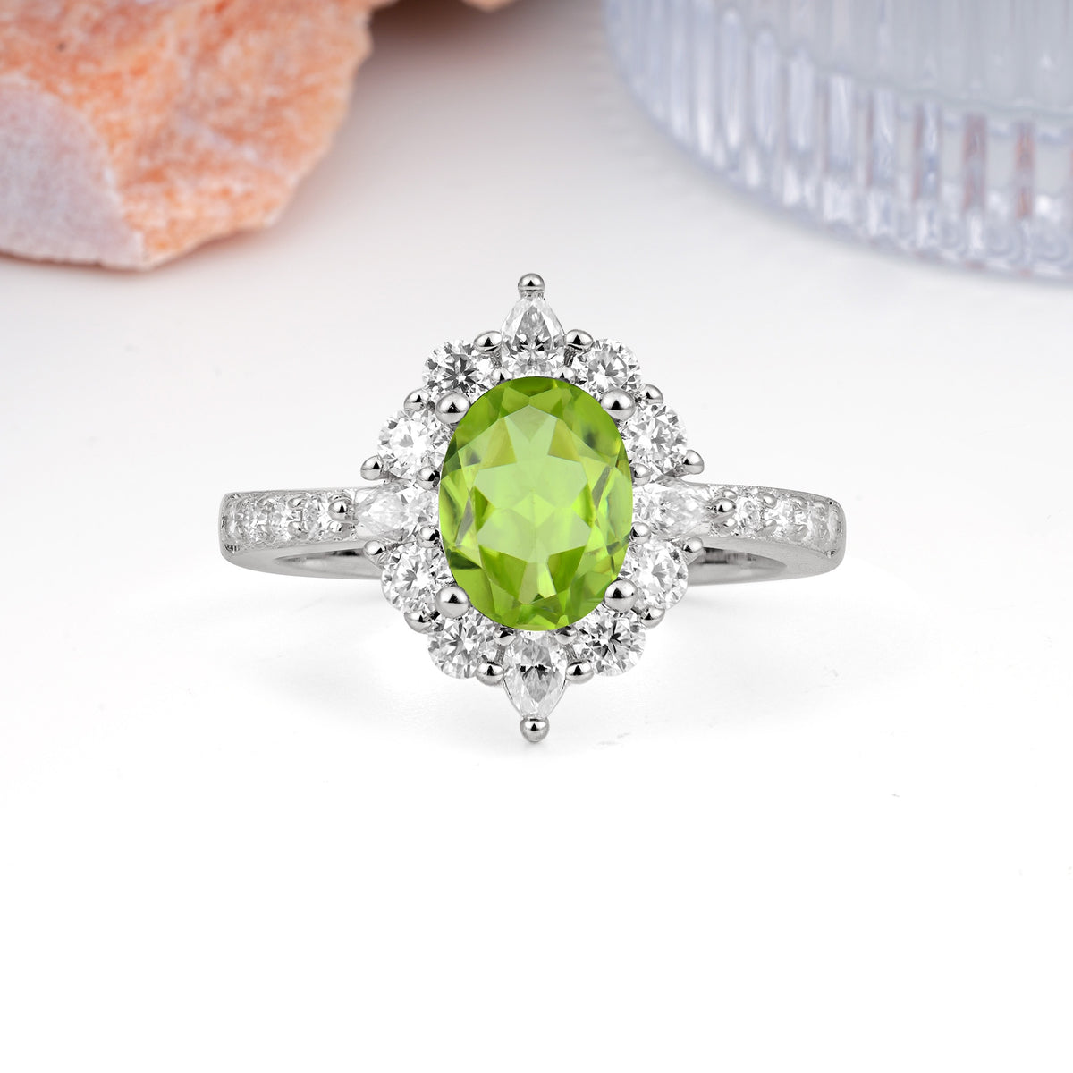 Classic Pavé-Set, Luxurious 4-Prong Oval Cut Peridot Engagement Ring - Additional view