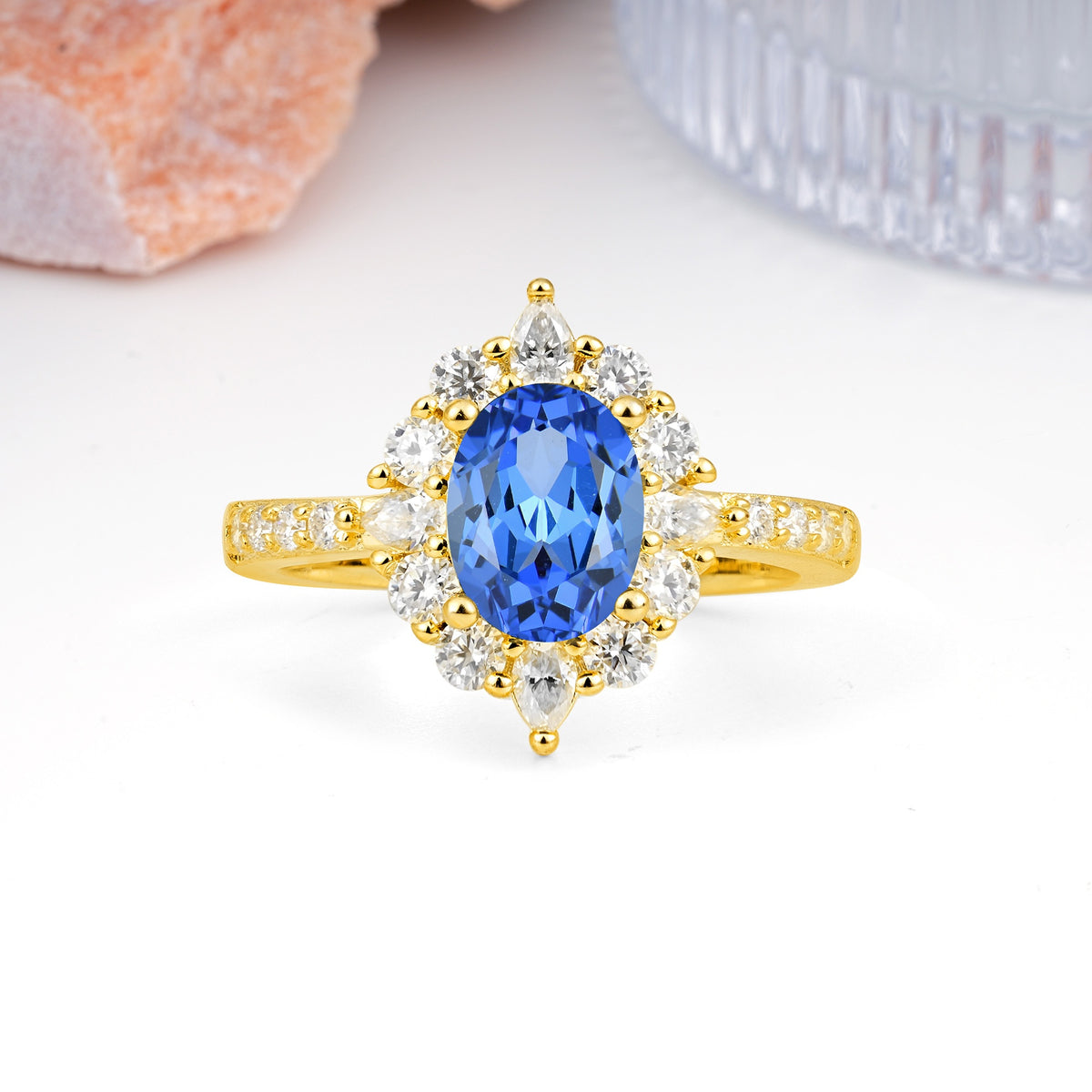 Classic Pavé-Set, Luxurious 4-Prong Oval Cut Sapphire Engagement Ring - Additional view