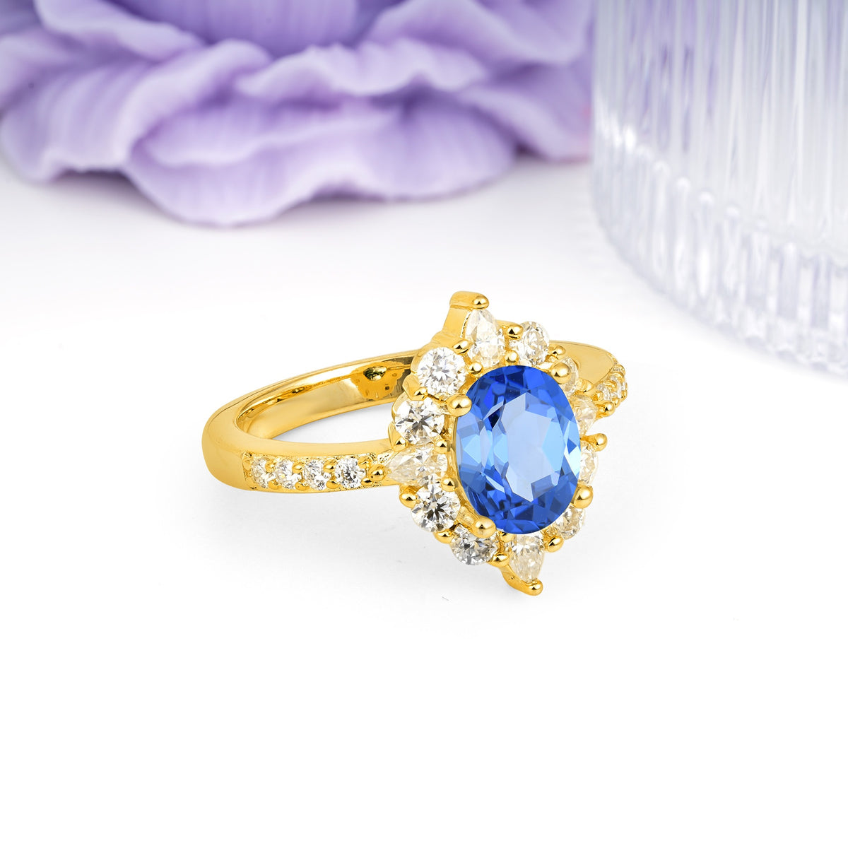 Classic Pavé-Set, Luxurious 4-Prong Oval Cut Sapphire Engagement Ring - Additional view