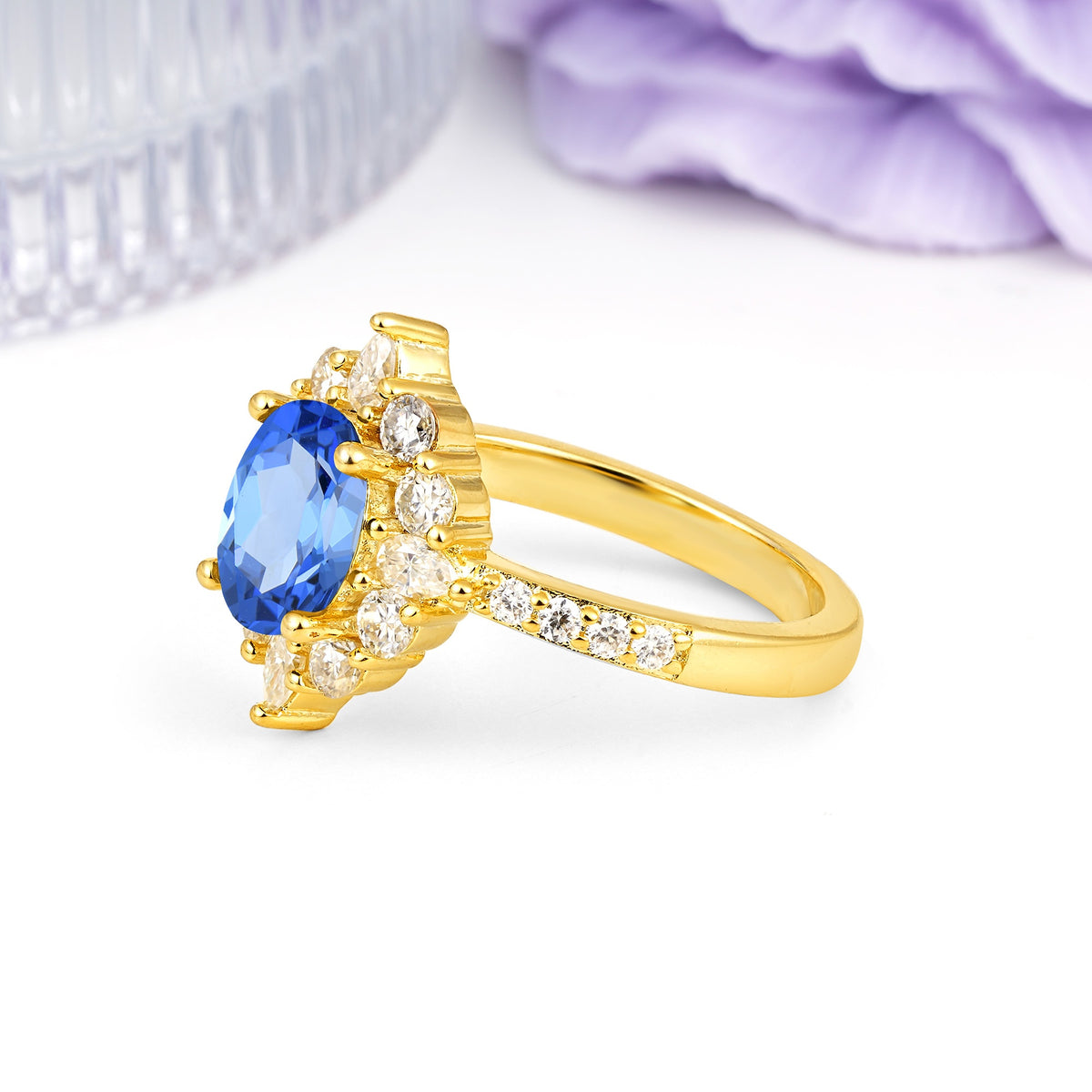 Classic Pavé-Set, Luxurious 4-Prong Oval Cut Sapphire Engagement Ring - Additional view