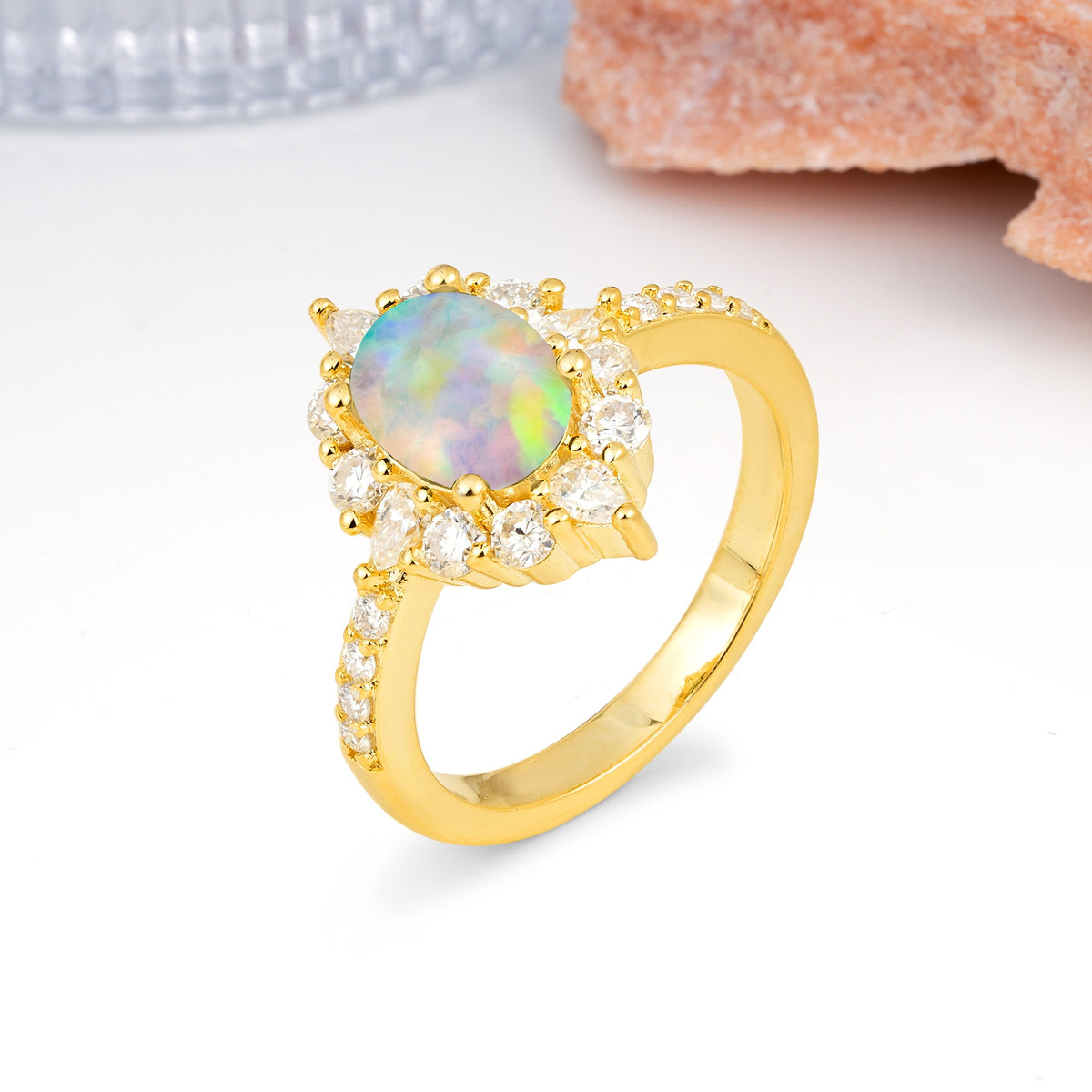 Classic Pavé-Set, Luxurious 4-Prong Oval Cut Fire Opal Engagement Ring - Additional view