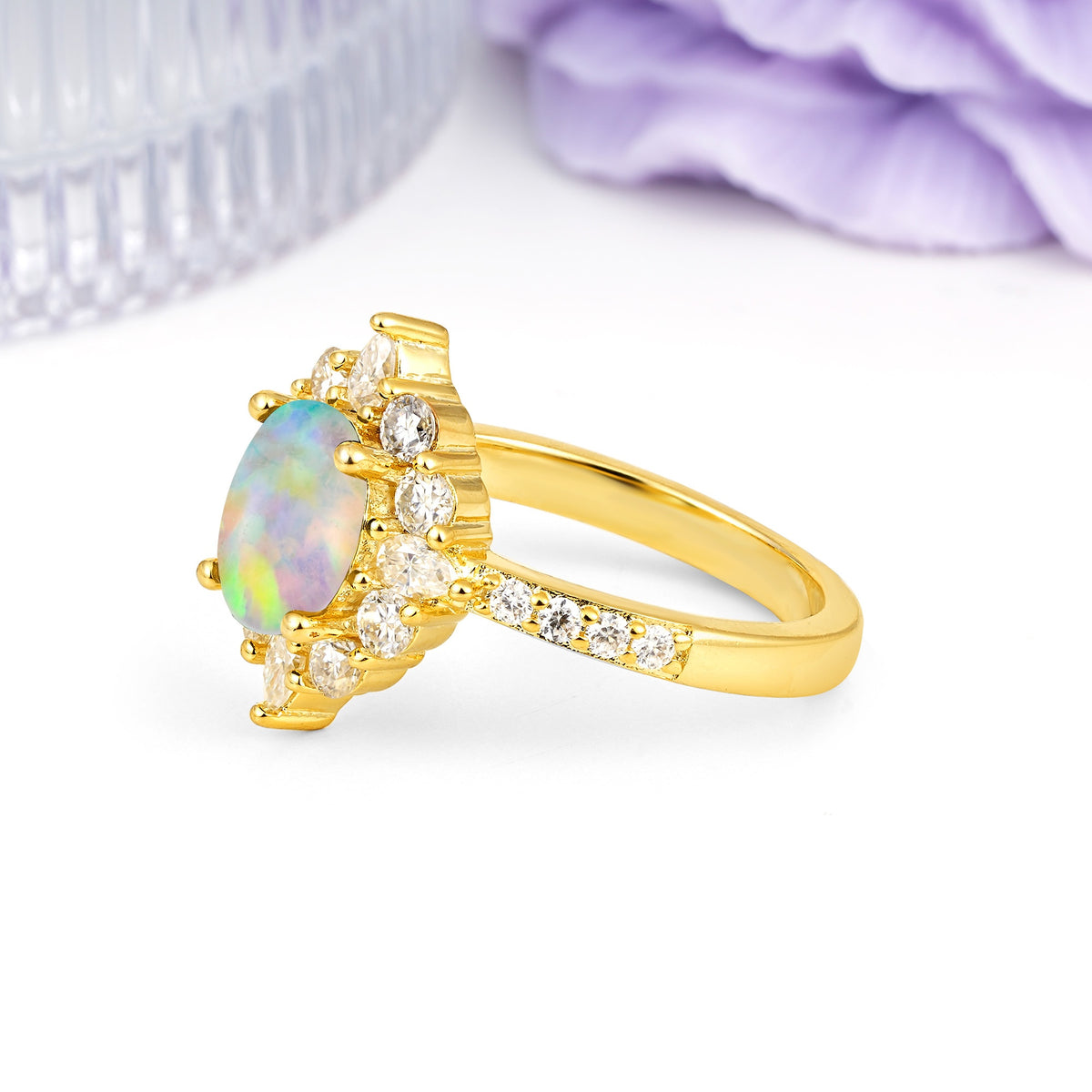 Classic Pavé-Set, Luxurious 4-Prong Oval Cut Fire Opal Engagement Ring - Additional view