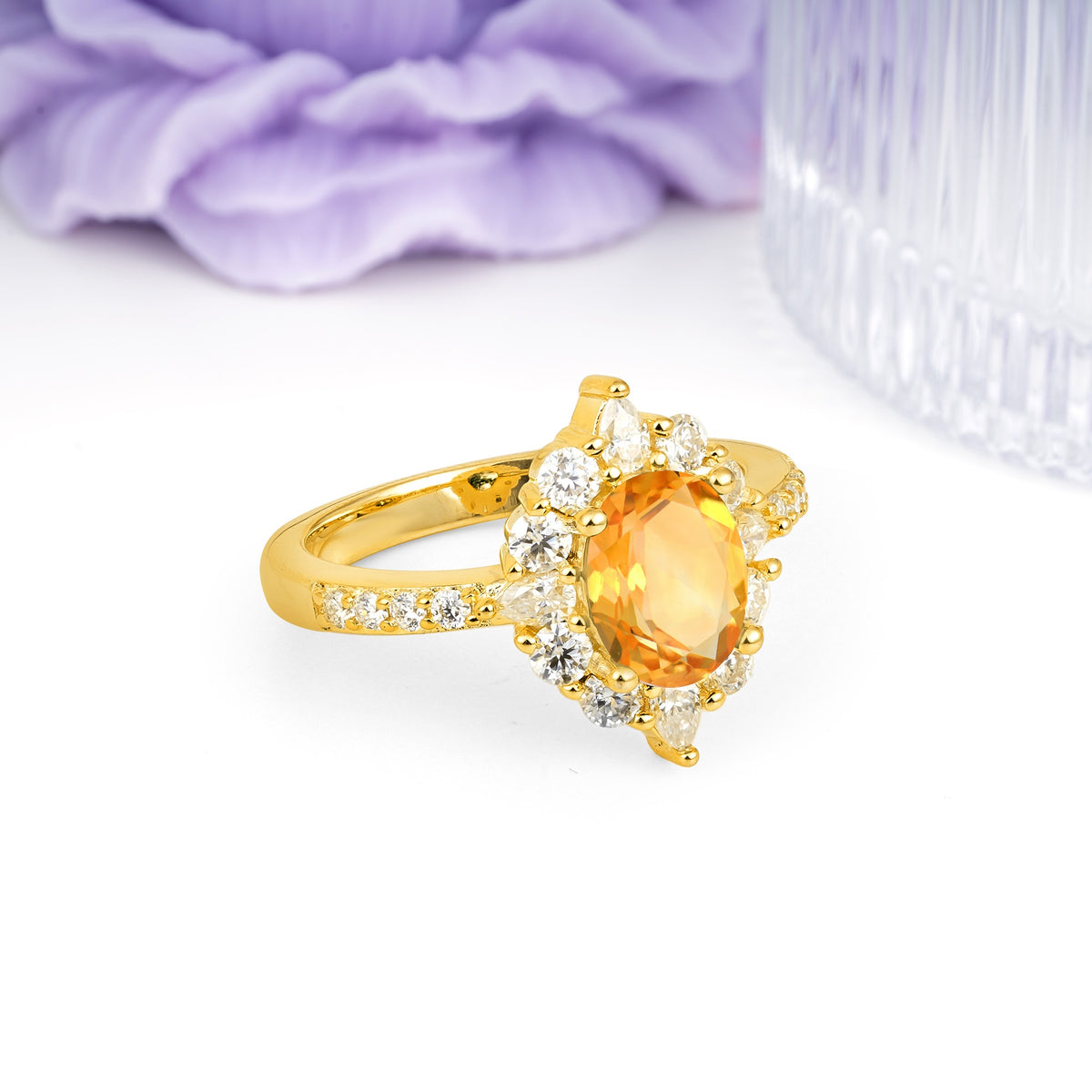 Classic Pavé-Set, Luxurious 4-Prong Oval Cut Citrine Engagement Ring - Additional view