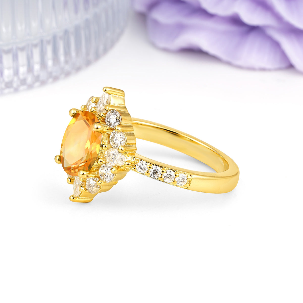 Classic Pavé-Set, Luxurious 4-Prong Oval Cut Citrine Engagement Ring - Additional view