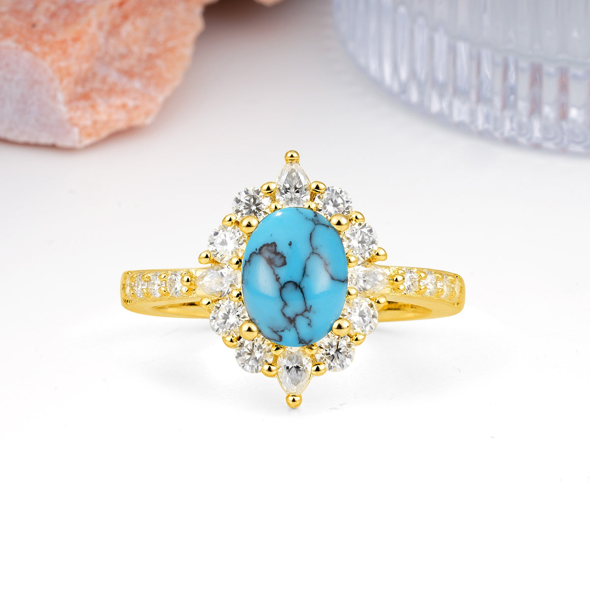 Classic Pavé-Set, Luxurious 4-Prong Oval Cut Turquoise Engagement Ring - Additional view