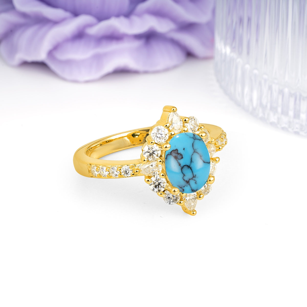 Classic Pavé-Set, Luxurious 4-Prong Oval Cut Turquoise Engagement Ring - Additional view