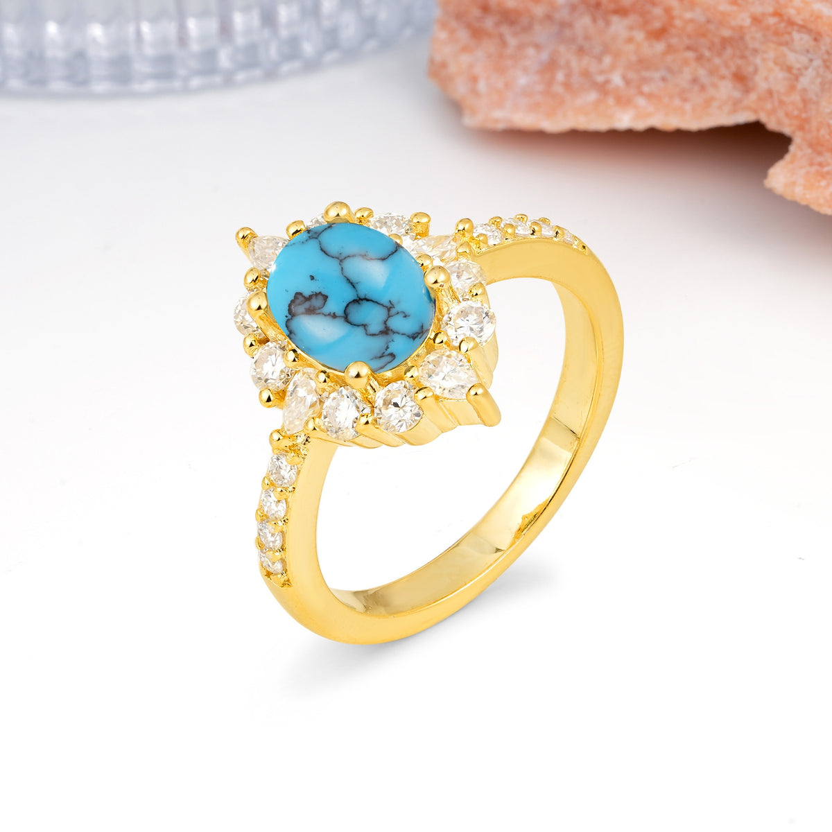Classic Pavé-Set, Luxurious 4-Prong Oval Cut Turquoise Engagement Ring - Additional view