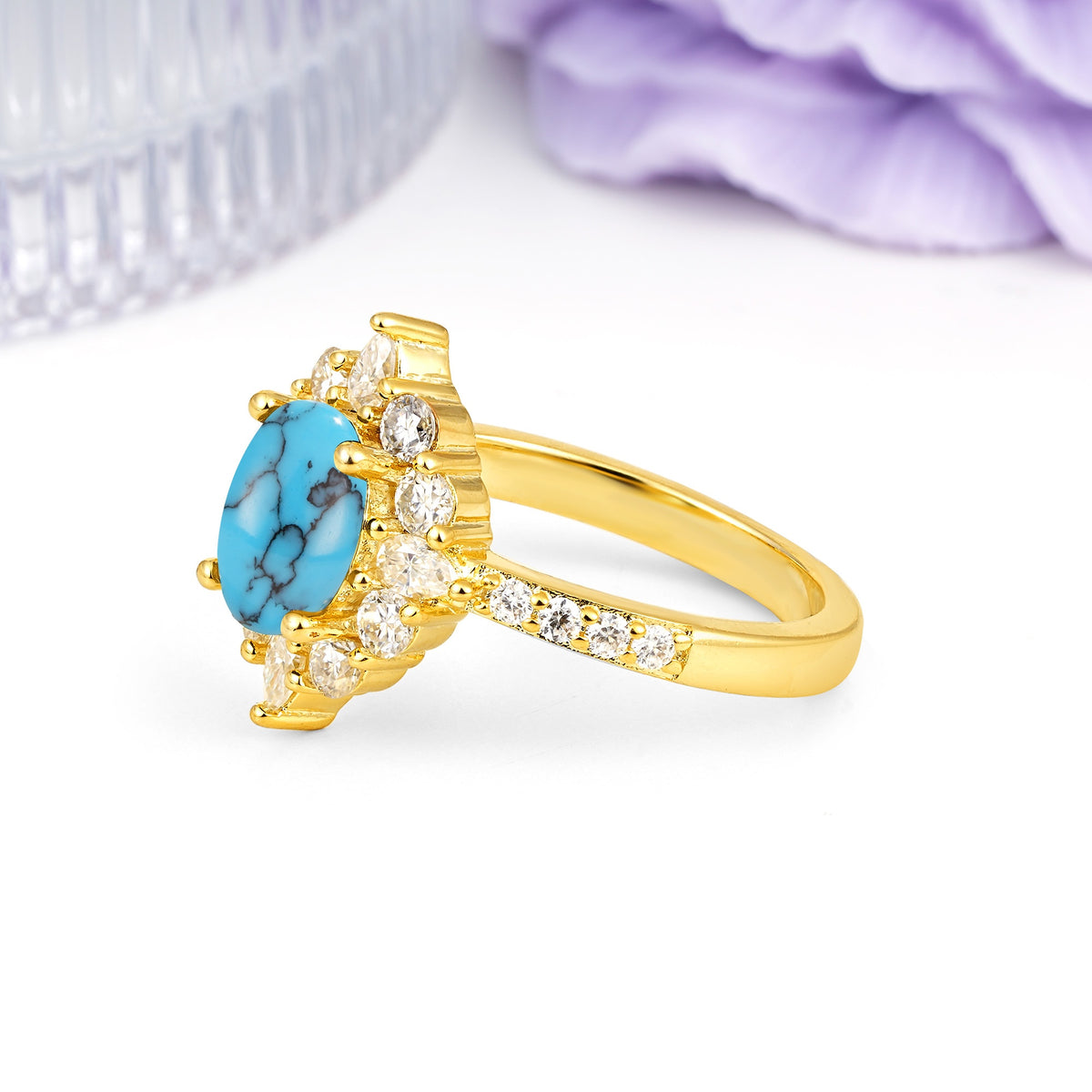 Classic Pavé-Set, Luxurious 4-Prong Oval Cut Turquoise Engagement Ring - Additional view