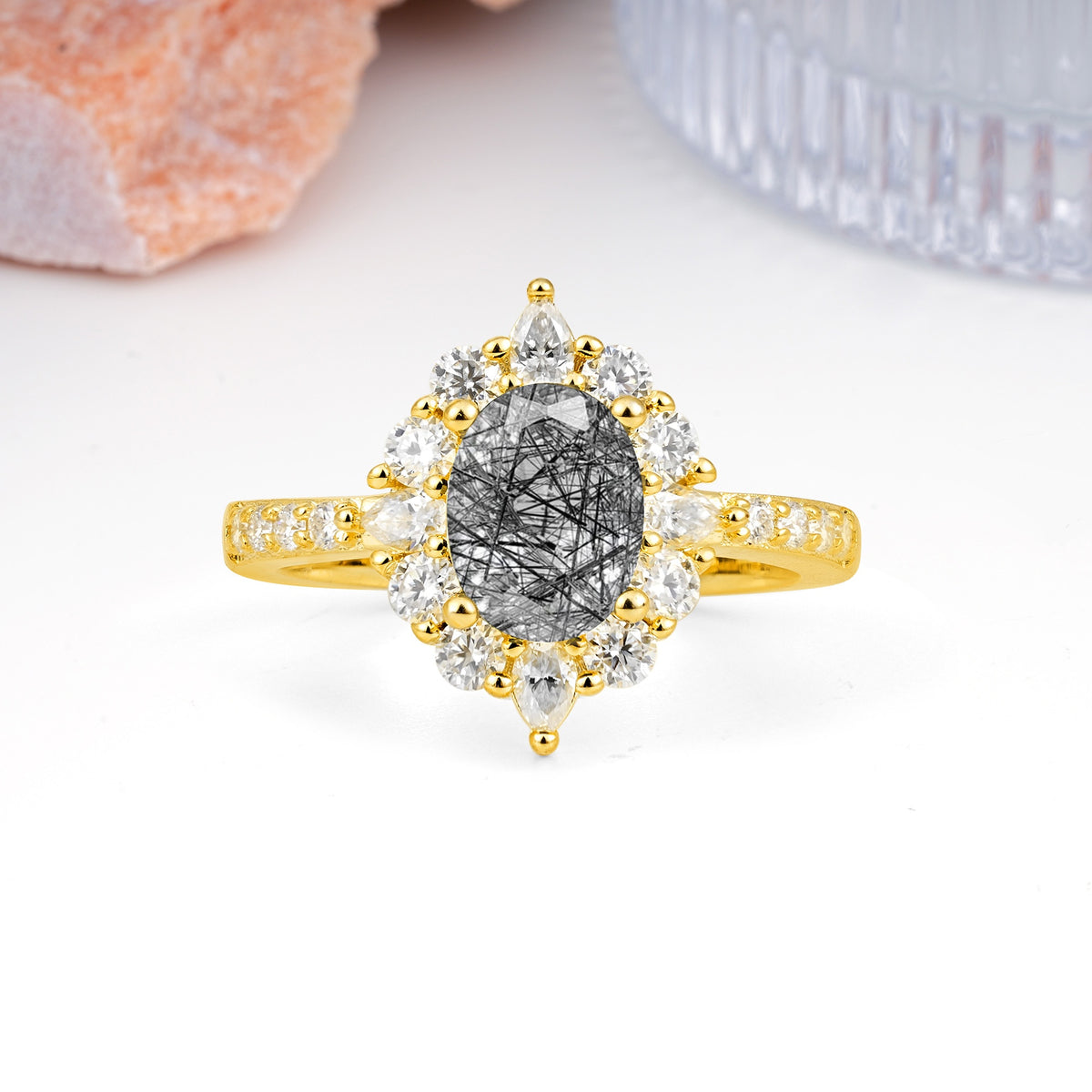 Classic Pavé-Set, Luxurious 4-Prong Oval Cut Black Rutilated Quartz Engagement Ring - Additional view