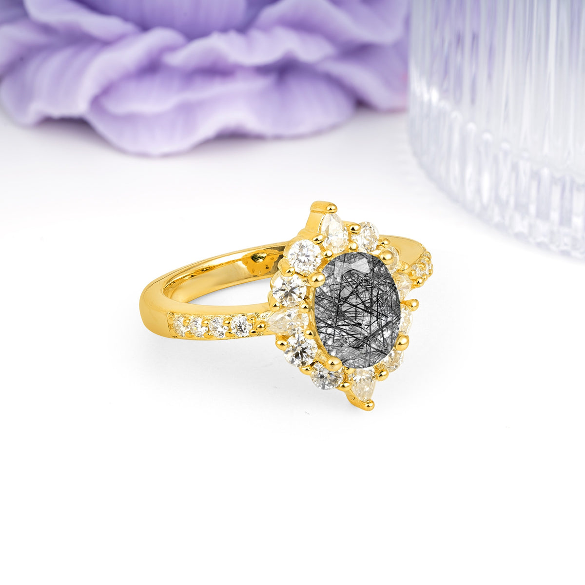 Classic Pavé-Set, Luxurious 4-Prong Oval Cut Black Rutilated Quartz Engagement Ring - Additional view