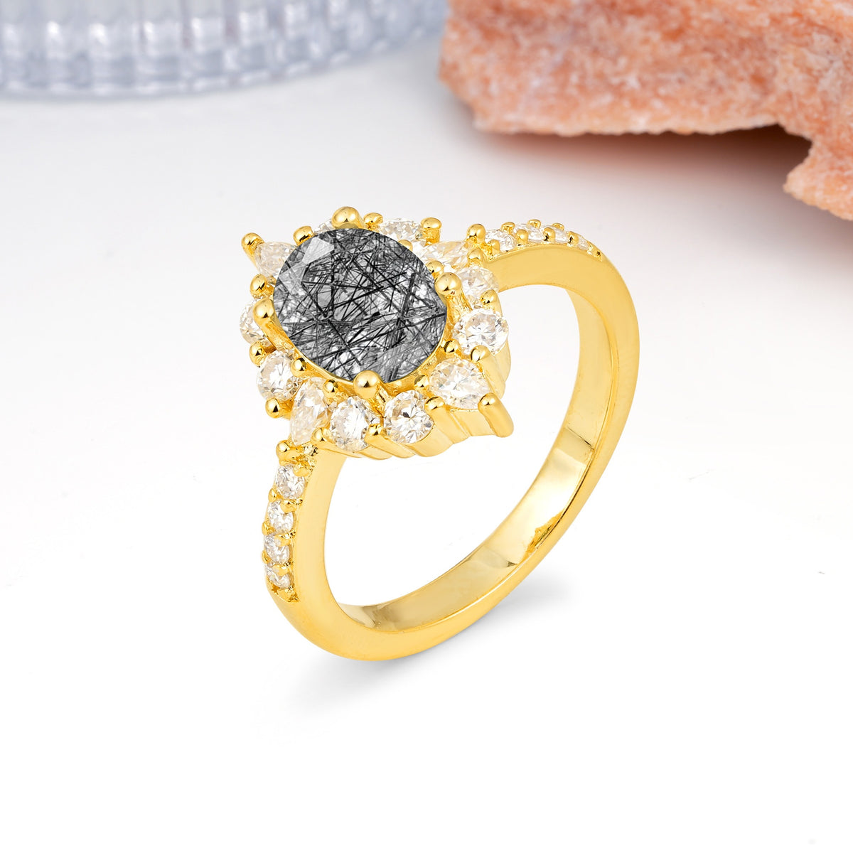 Classic Pavé-Set, Luxurious 4-Prong Oval Cut Black Rutilated Quartz Engagement Ring - Additional view