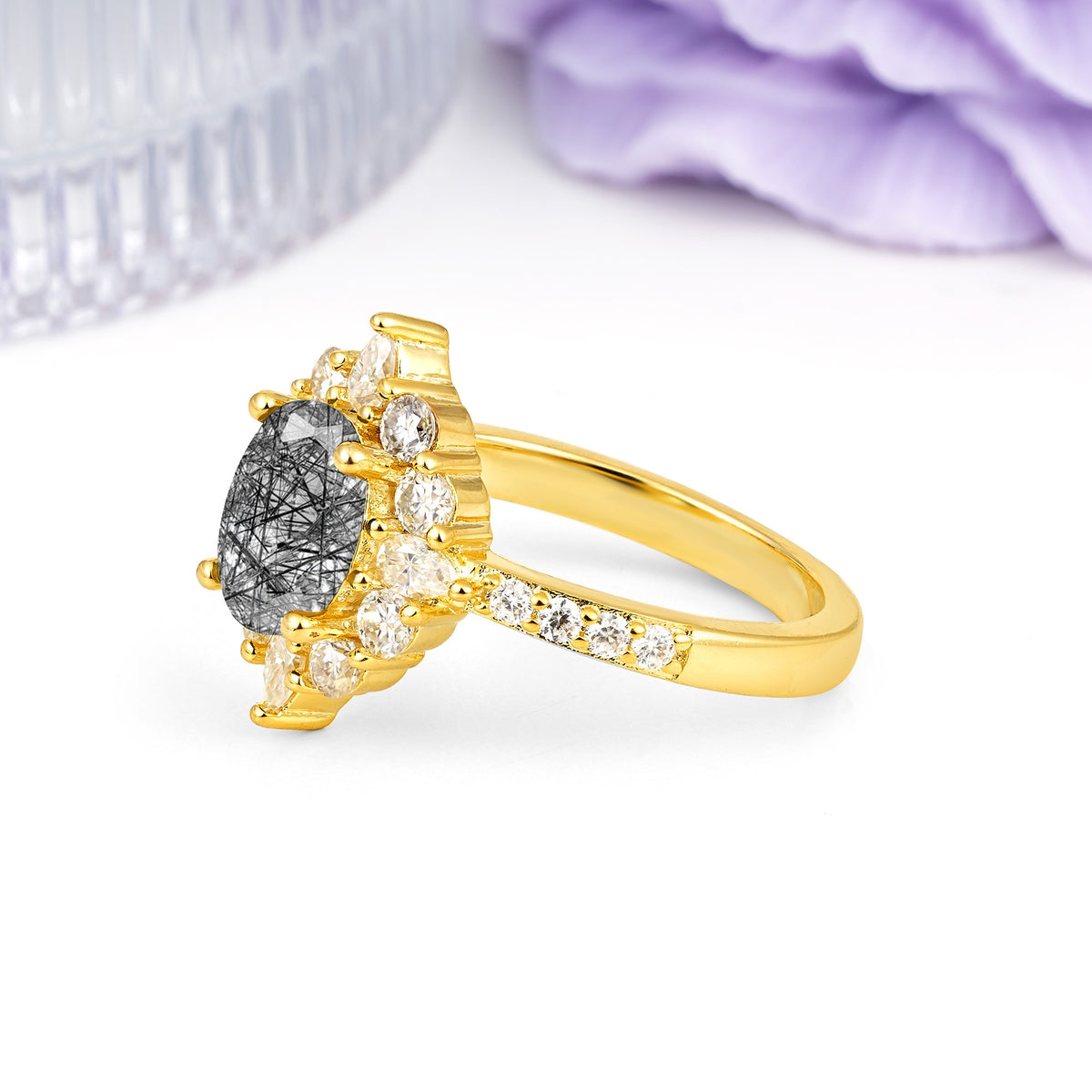 Classic Pavé-Set, Luxurious 4-Prong Oval Cut Black Rutilated Quartz Engagement Ring - Additional view