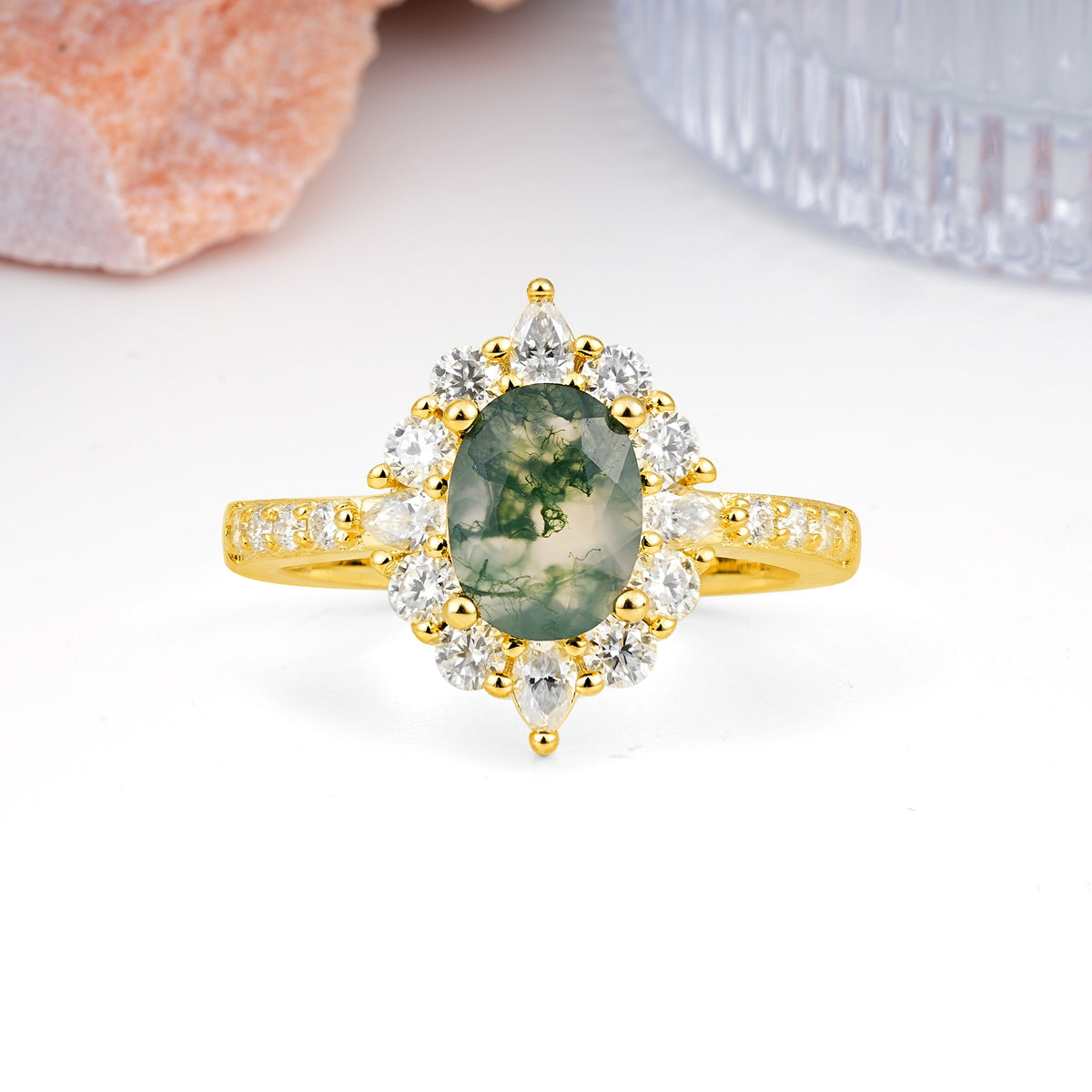 Classic Pavé-Set, Luxurious 4-Prong Oval Cut Moss Agate Engagement Ring - Additional view